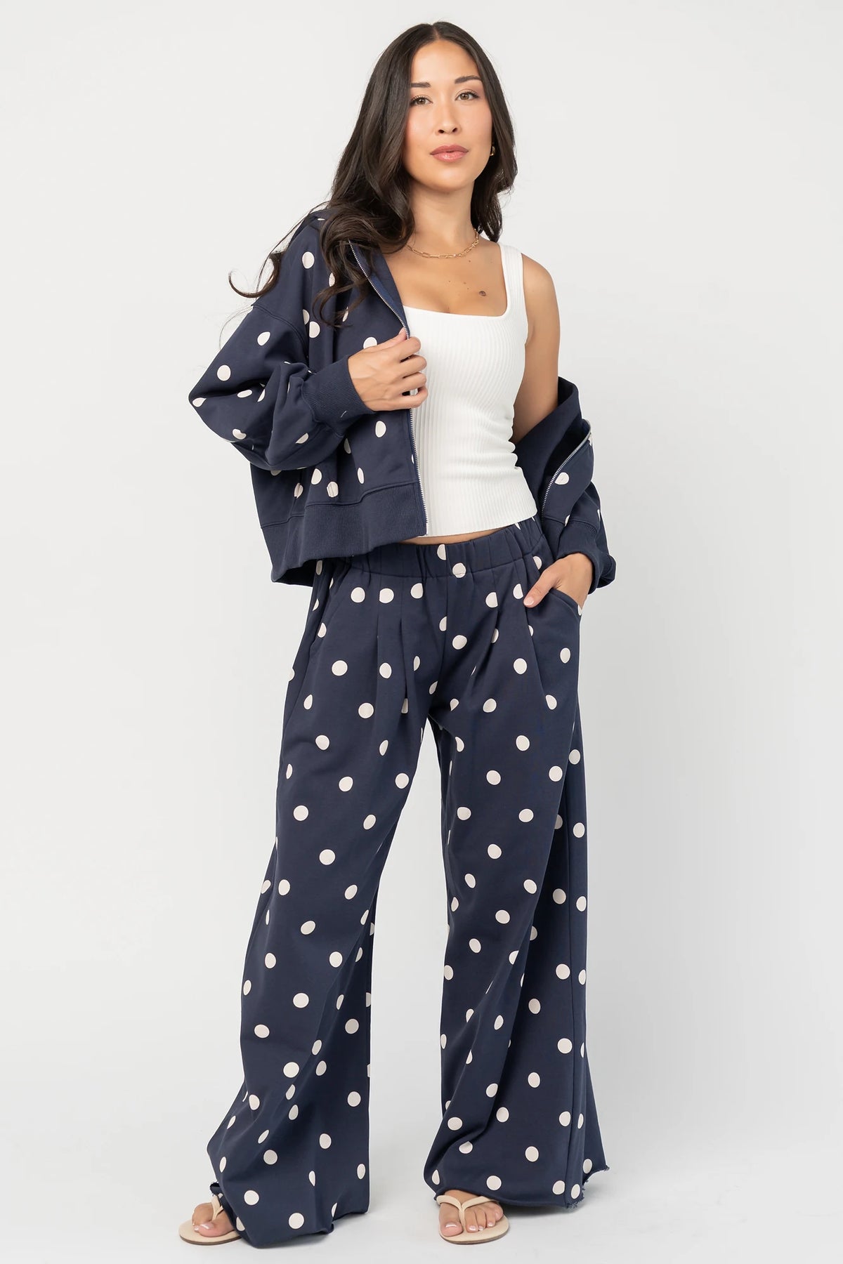 Lydia Wide Leg Sweatpants in Navy Dot with polka dot print, elastic waistband, side pockets, and raw hem.
