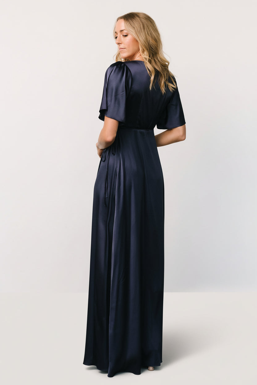 Vara Satin Maxi Wrap Dress | Navy