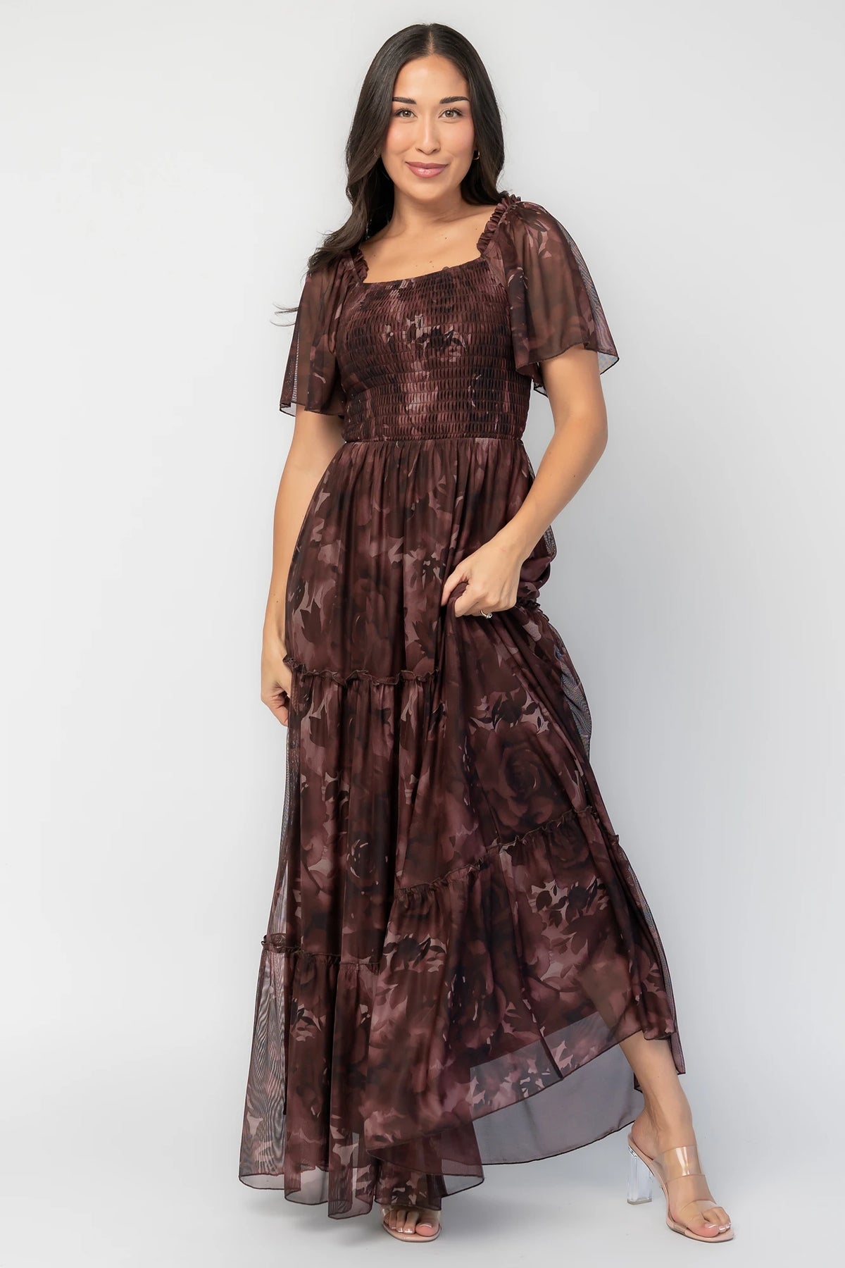 Meya Mesh Maxi Dress | Dark Mahogany Print