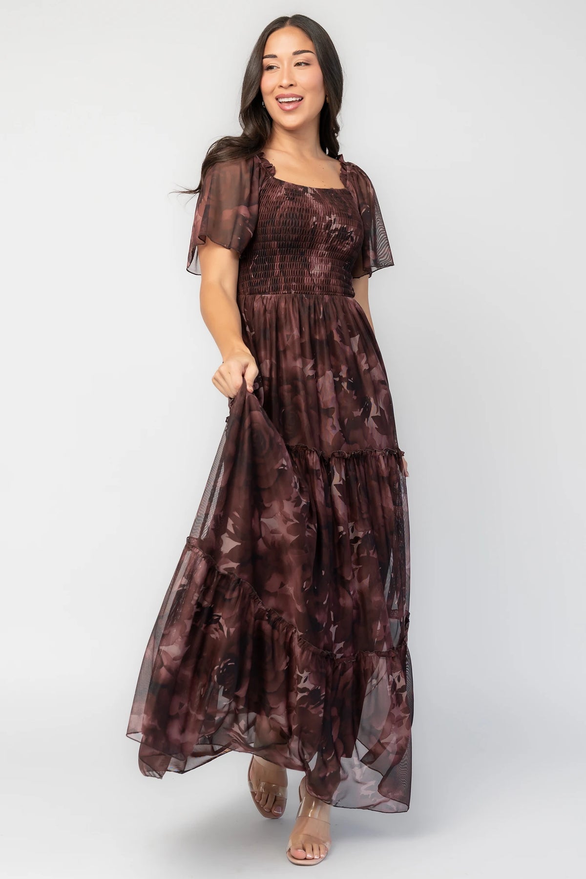 Meya Mesh Maxi Dress | Dark Mahogany Print