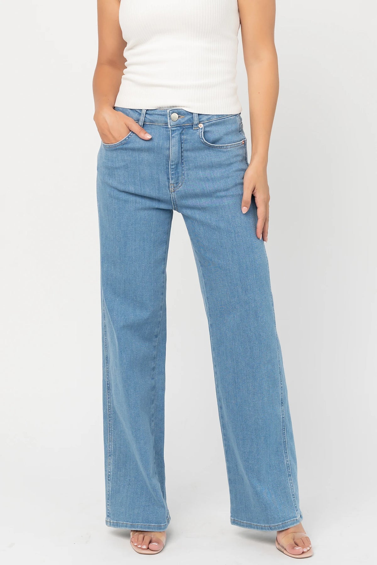 Vesper Mid Rise Wide Leg Jeans in Mid Wash with relaxed wide legs, mid-rise waist, button and zipper closure.