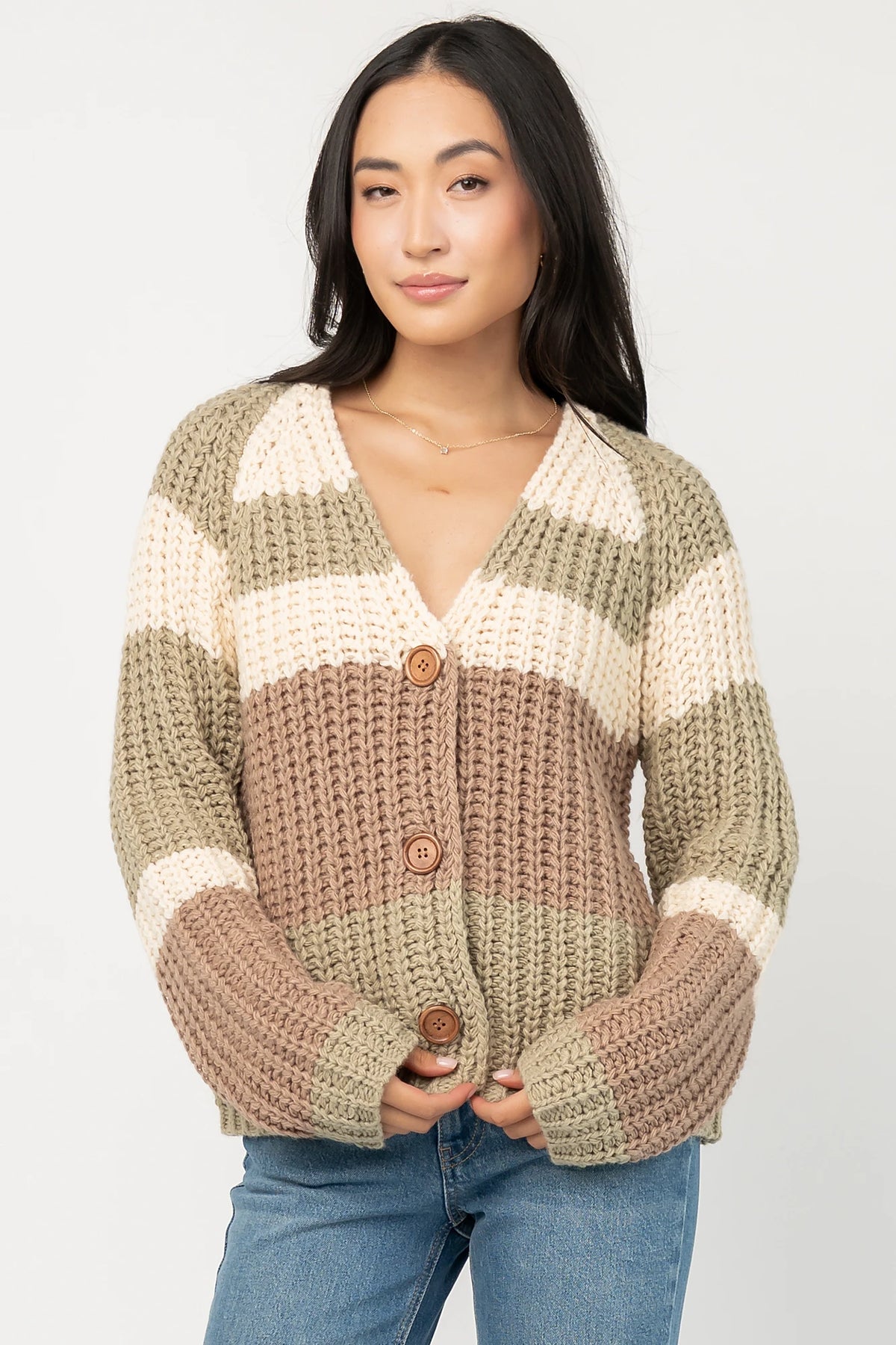 Ophelia Chunky Striped Cardigan in Sage Multi with oversized fit, V-neckline, wood button front, and long sleeves.