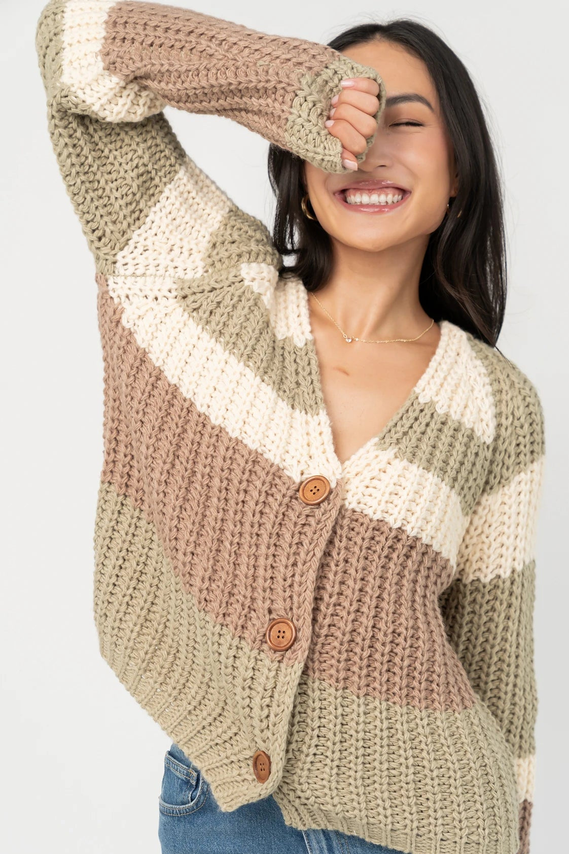 Ophelia Chunky Striped Cardigan in Sage Multi with oversized fit, V-neckline, wood button front, and long sleeves.