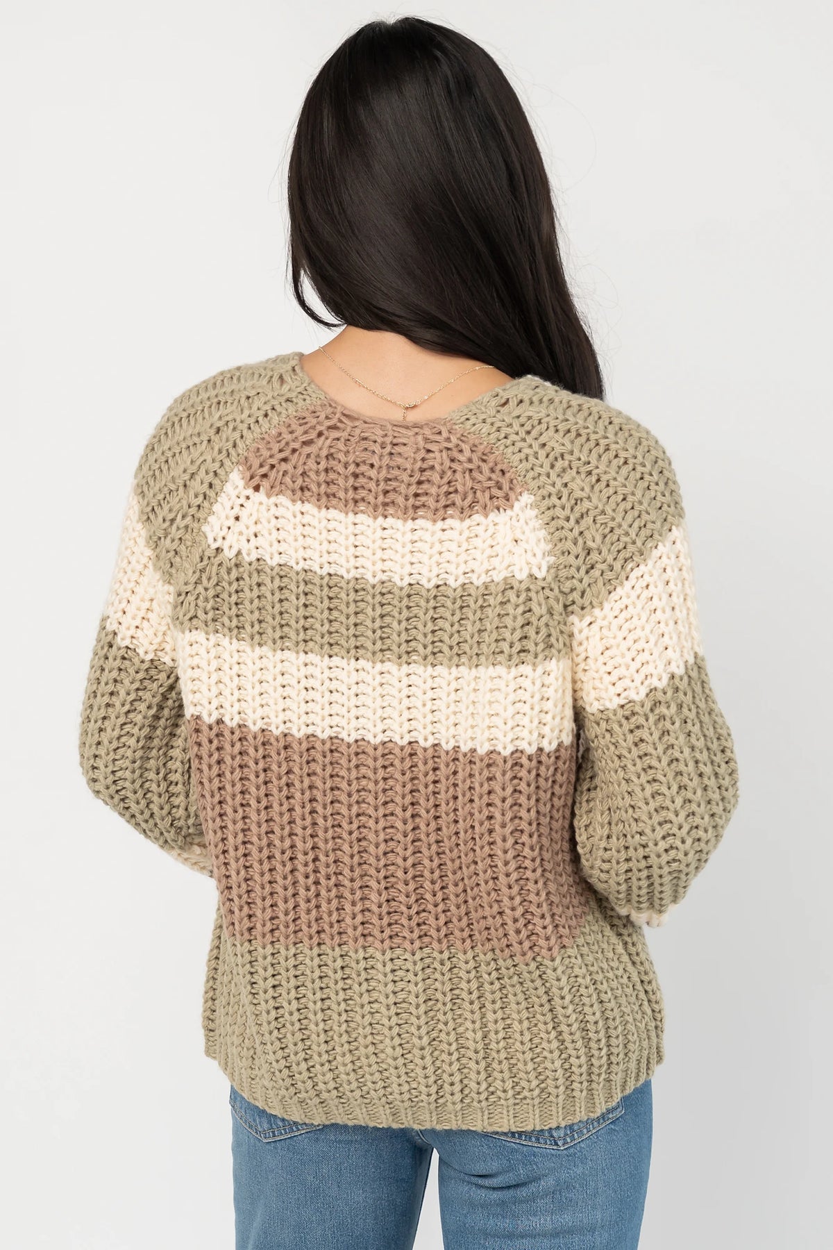 Ophelia Chunky Striped Cardigan in Sage Multi with oversized fit, V-neckline, wood button front, and long sleeves.