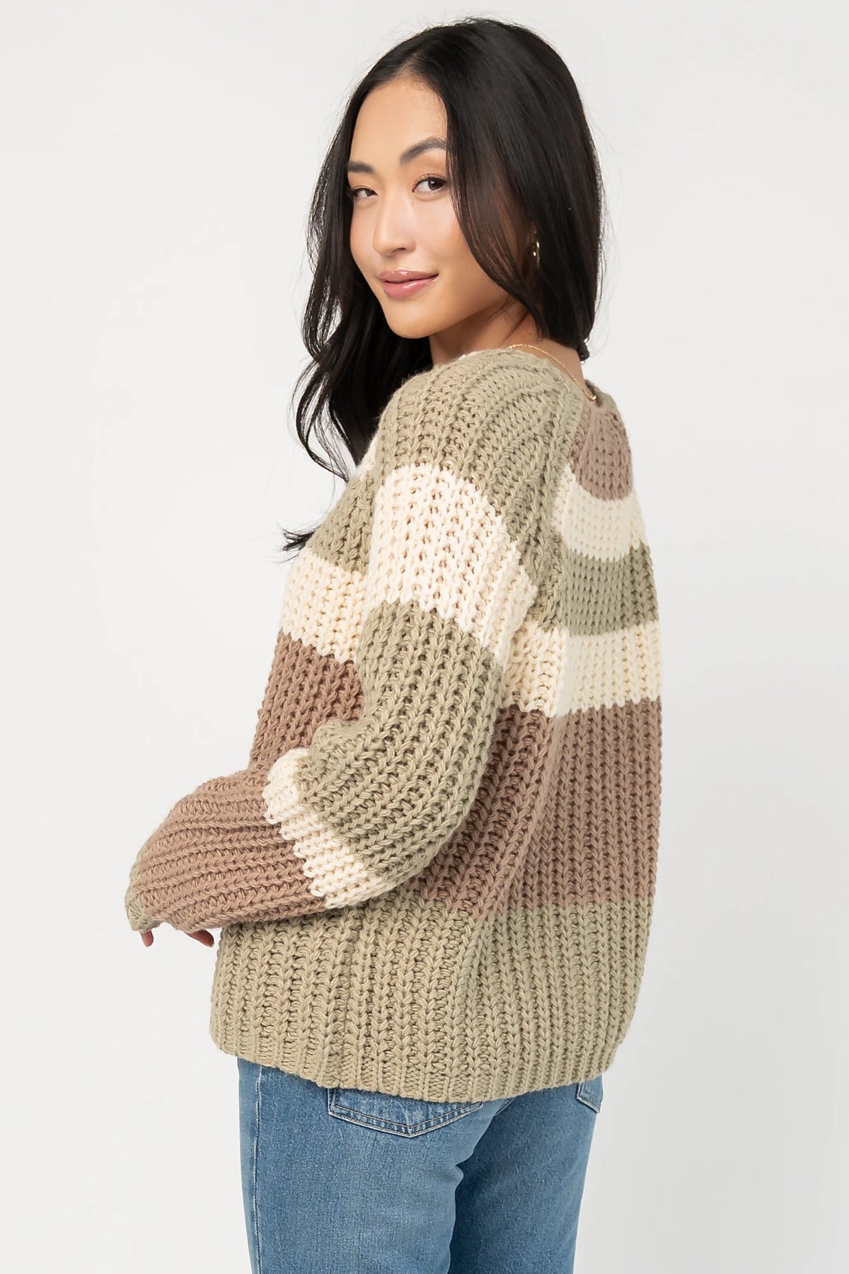 Ophelia Chunky Striped Cardigan in Sage Multi with oversized fit, V-neckline, wood button front, and long sleeves.