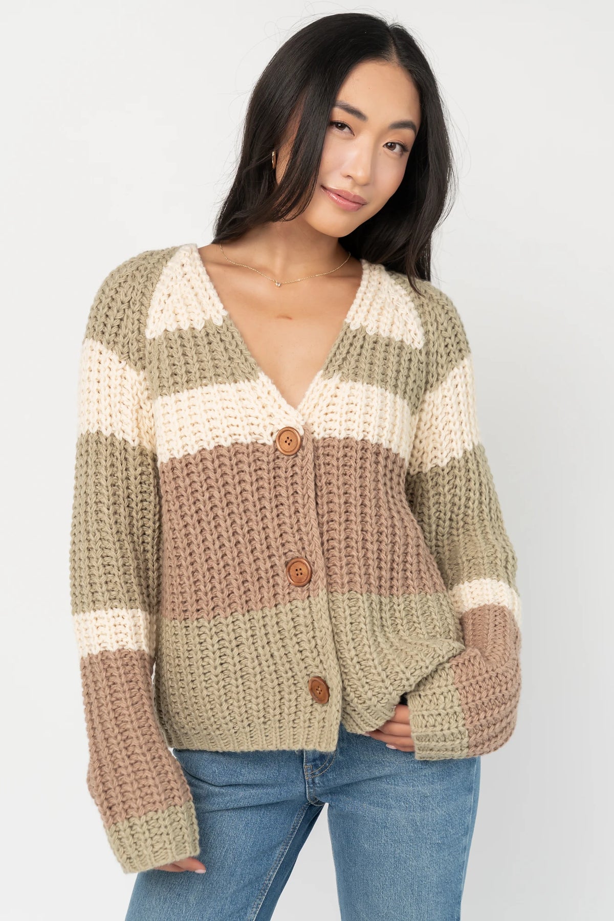 Ophelia Chunky Striped Cardigan in Sage Multi with oversized fit, V-neckline, wood button front, and long sleeves.