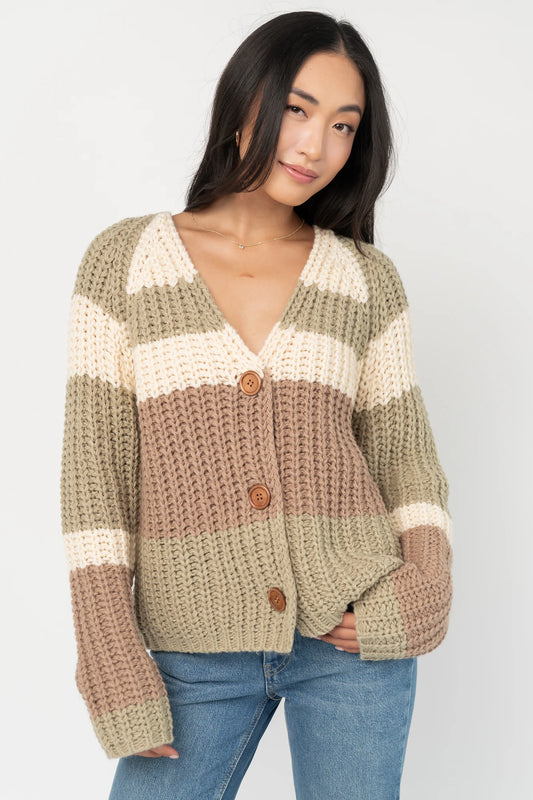 Ophelia Chunky Striped Cardigan in Sage Multi with oversized fit, V-neckline, wood button front, and long sleeves.