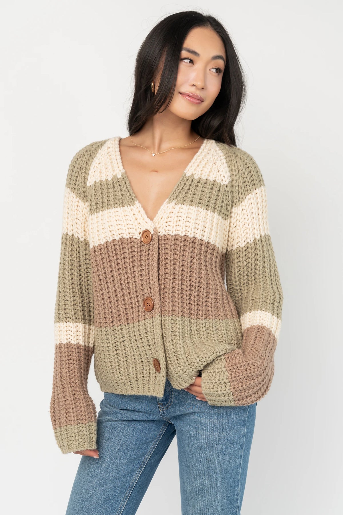 Ophelia Chunky Striped Cardigan in Sage Multi with oversized fit, V-neckline, wood button front, and long sleeves.