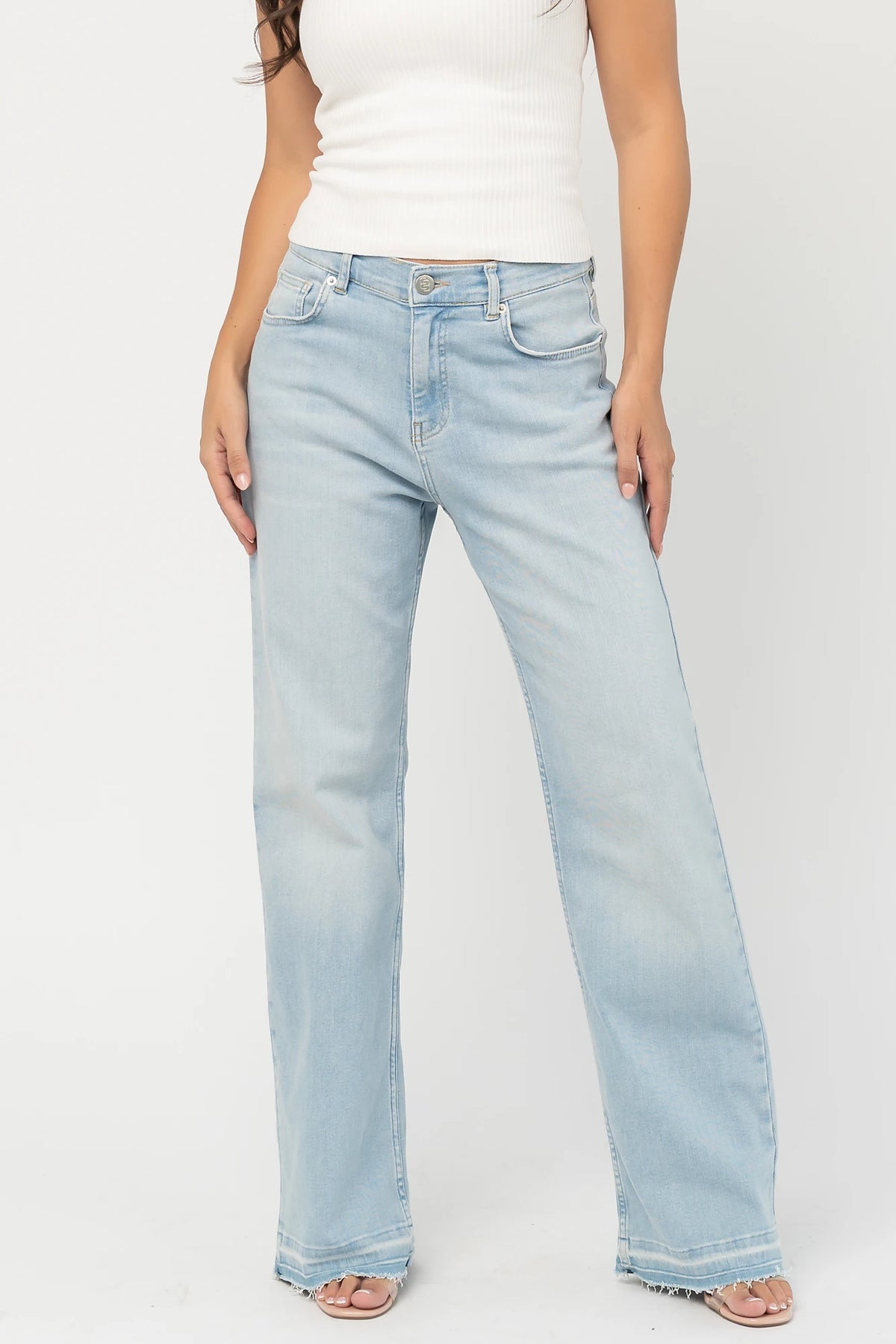 Bria High Rise Wide Leg Jeans in Light Wash with relaxed wide legs, front and back pockets, button closure, and raw hem.