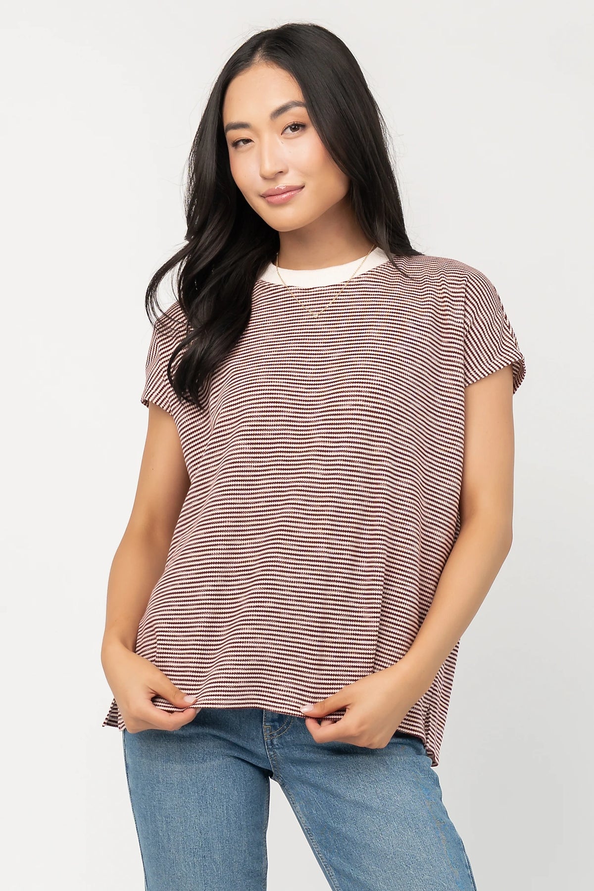 Millie Striped Top in Burgundy + Ivory with round neckline, short sleeves, side slits, and asymmetrical hem.