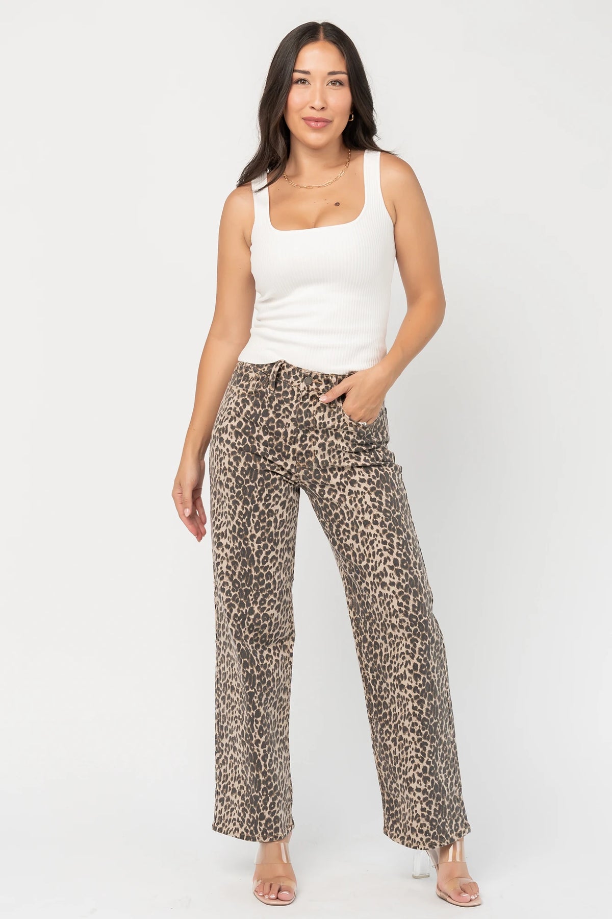 Leopard Print Wide Leg Pants with high-rise waist, button and zip closure, belt loops, and front and back pockets.