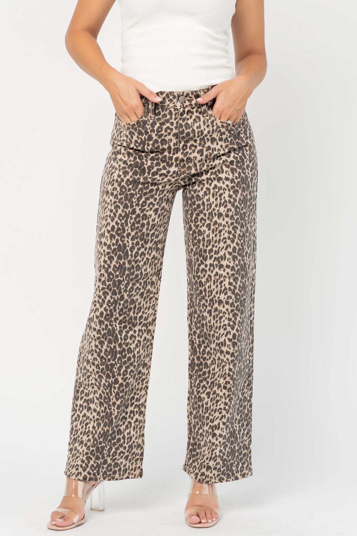 Leopard Print Wide Leg Pants with high-rise waist, button and zip closure, belt loops, and front and back pockets.