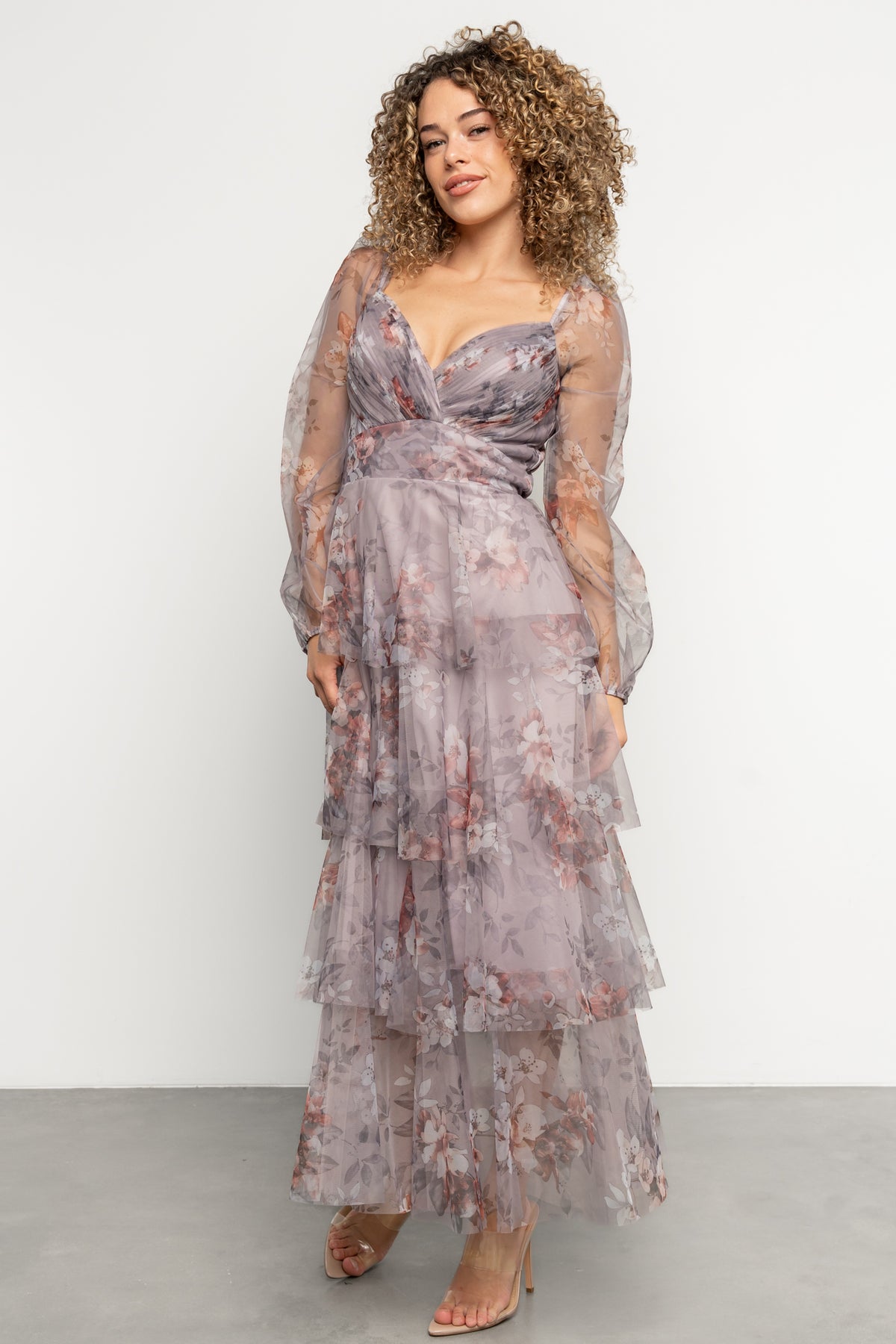 Paneled front waist and elastic back detail on the Tessa tiered tulle maxi, highlighting fit and construction.