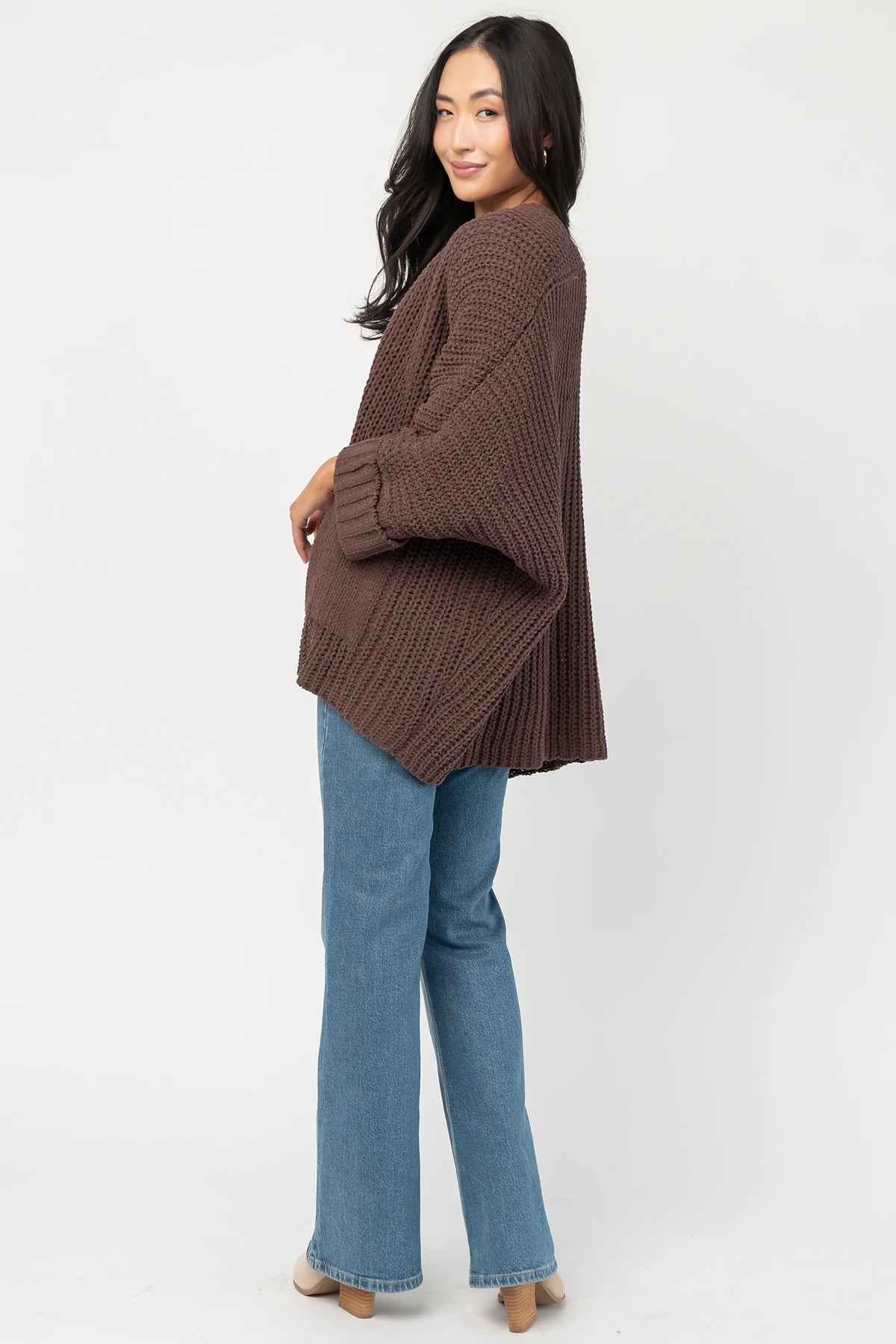 Cybele Oversized Cardigan in Dark Brown with soft chenille knit, open front, batwing sleeves, and patch pockets.