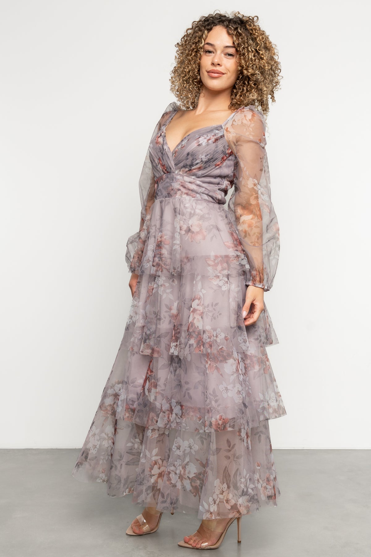 Close-up of pleated, slightly sculpted bust detail and sweetheart V-neck on the lilac gray floral Tessa tulle dress.