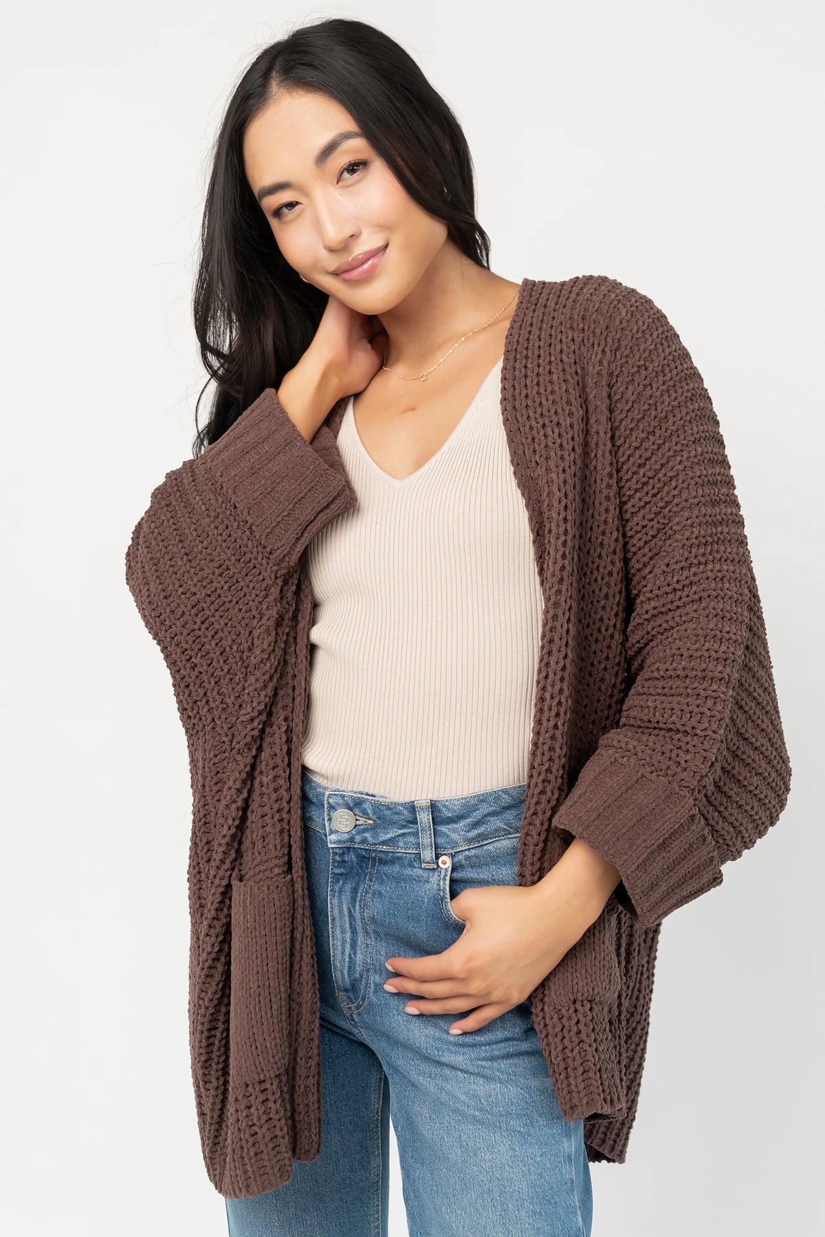 Cybele Oversized Cardigan in Dark Brown with soft chenille knit, open front, batwing sleeves, and patch pockets.