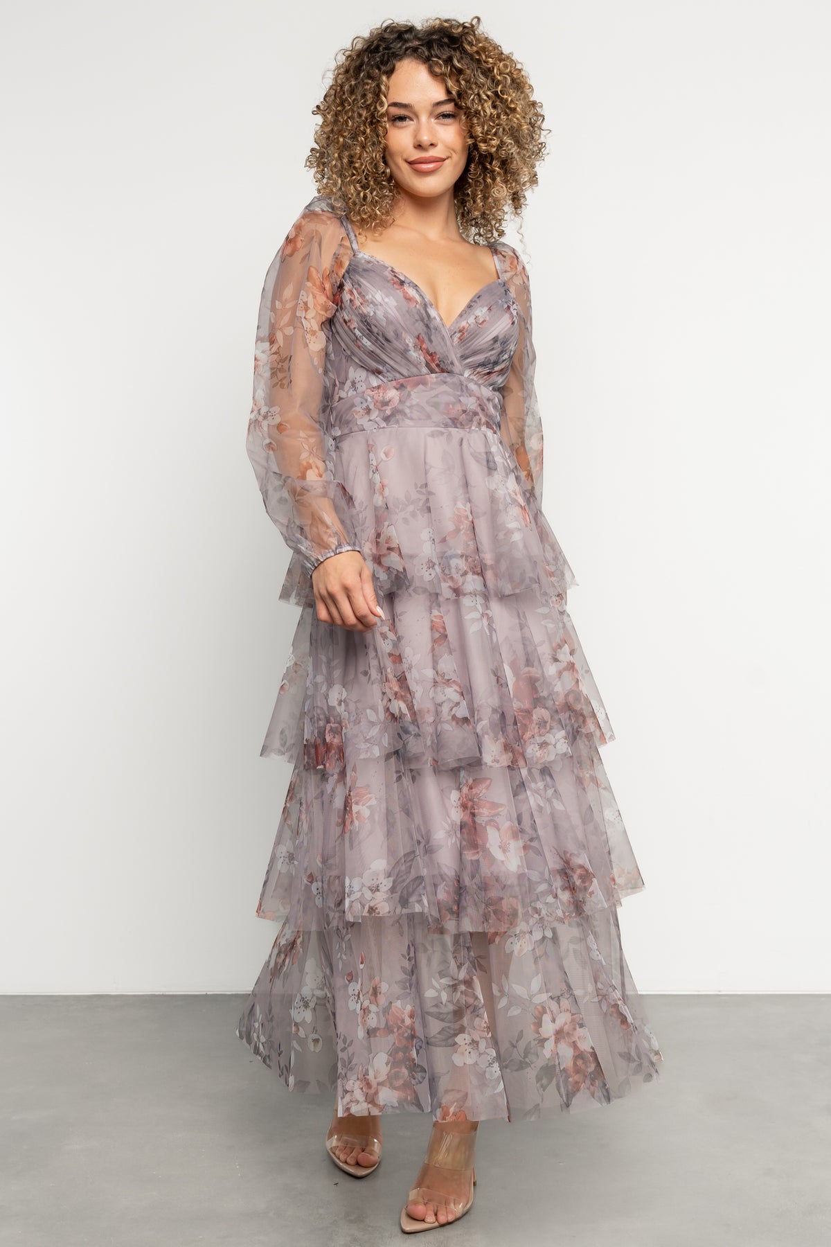 Front view of Tessa tulle maxi dress in lilac gray floral with sweetheart V-neck, pleated bust, and four-tier skirt.