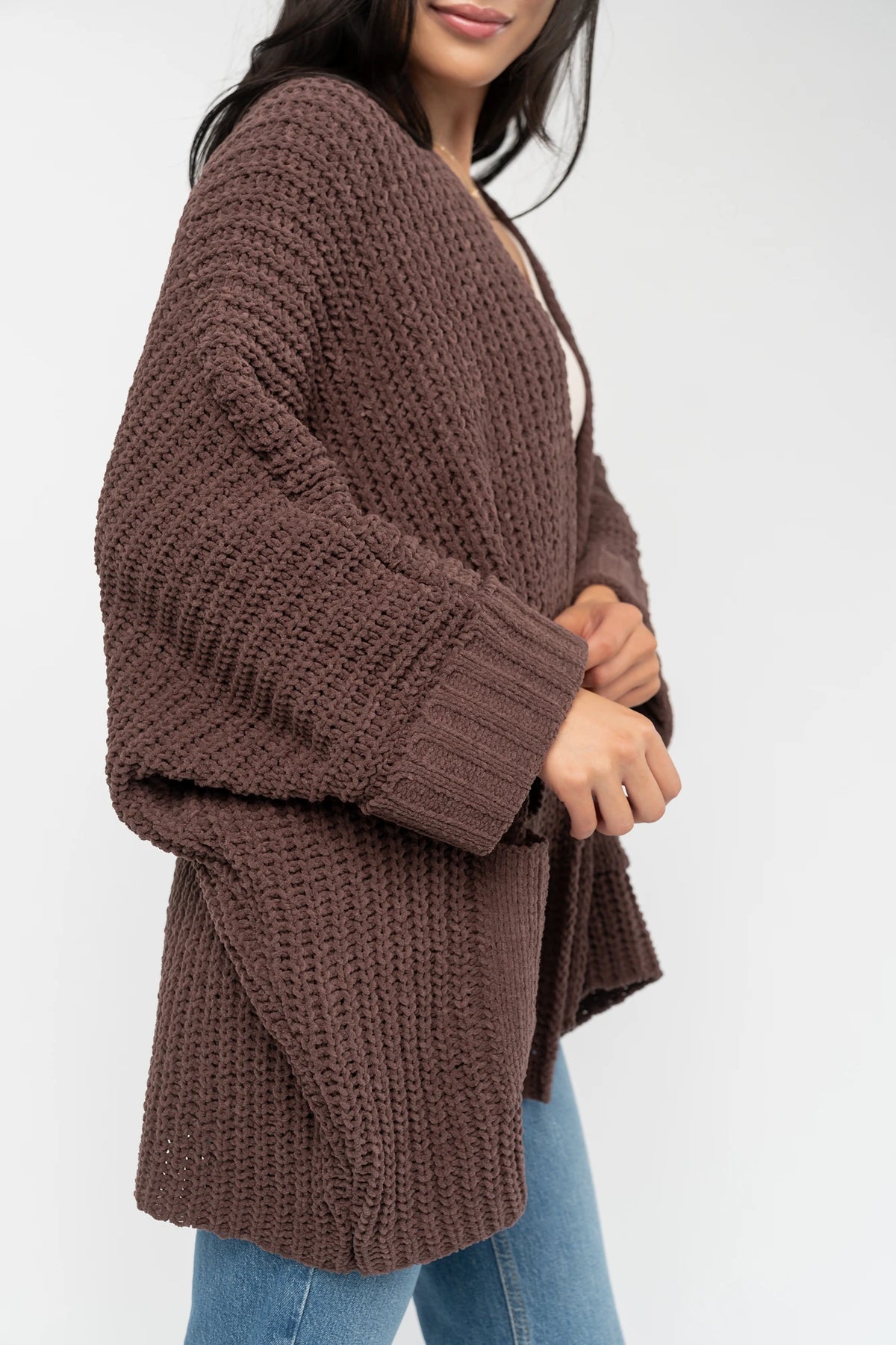 Cybele Oversized Cardigan in Dark Brown with soft chenille knit, open front, batwing sleeves, and patch pockets.
