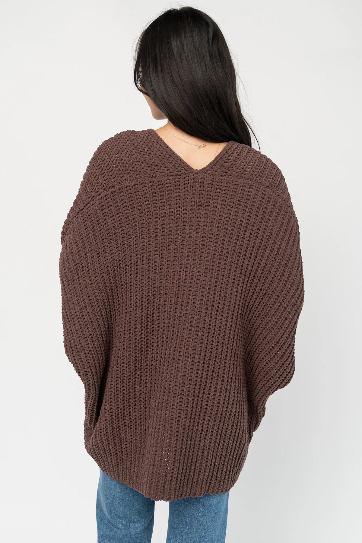 Cybele Oversized Cardigan in Dark Brown with soft chenille knit, open front, batwing sleeves, and patch pockets.