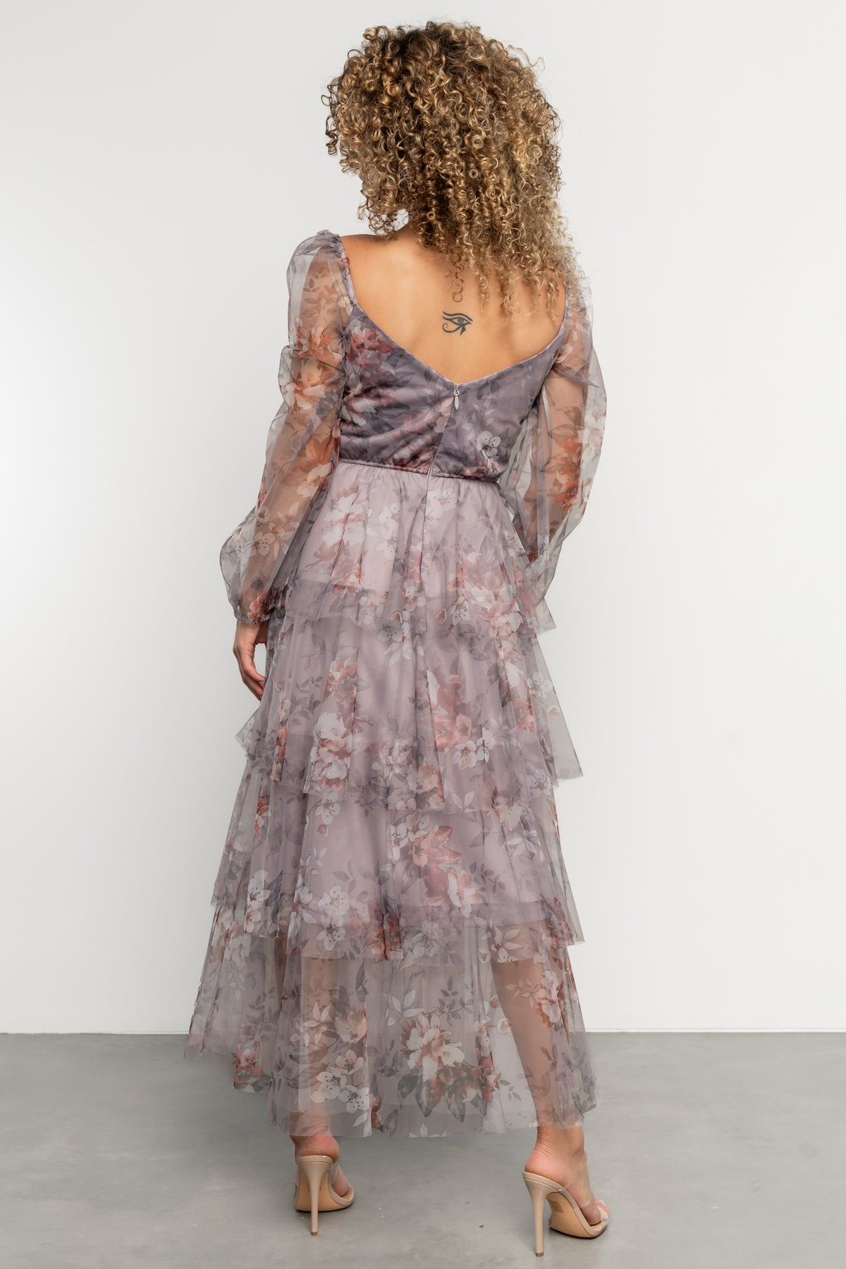 Detail of long sheer sleeve with elastic shoulder and cuff on the Tessa lilac gray floral tulle maxi dress.