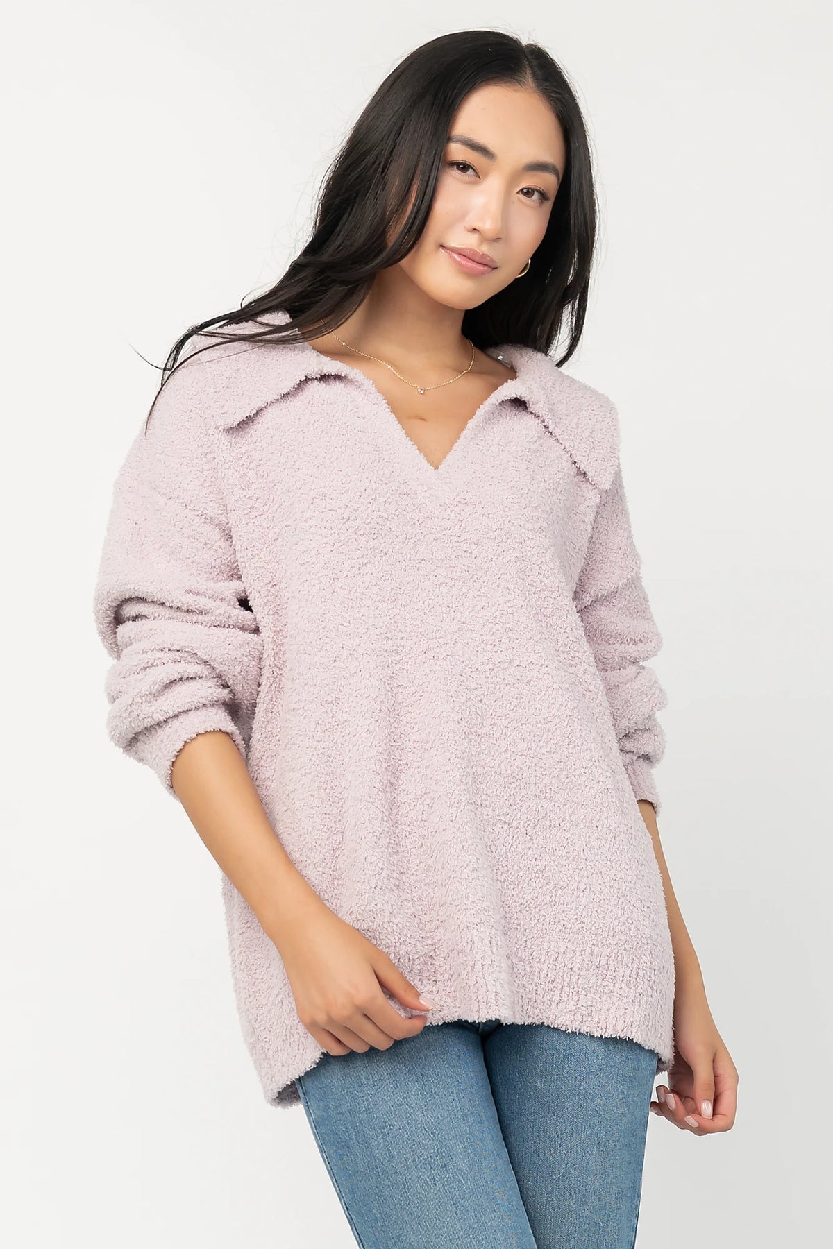Lockwood Sweater in Dusty Lilac with fuzzy knit texture, collared V-neck, long sleeves, and ribbed cuffs and hem.