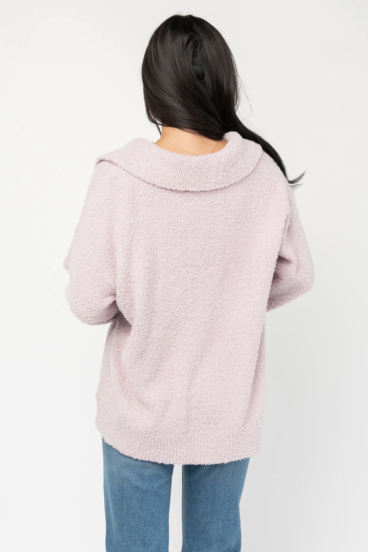 Lockwood Sweater in Dusty Lilac with fuzzy knit texture, collared V-neck, long sleeves, and ribbed cuffs and hem.