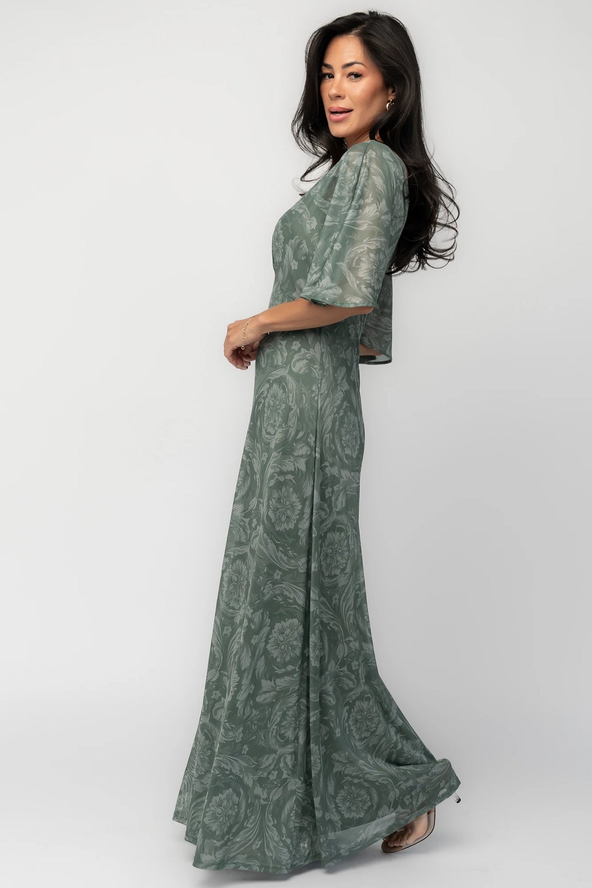 Dark sage mesh maxi dress with a floral mesh overlay, V-neckline, short dolman sleeves, empire waist, and removable ribbed tank slip.