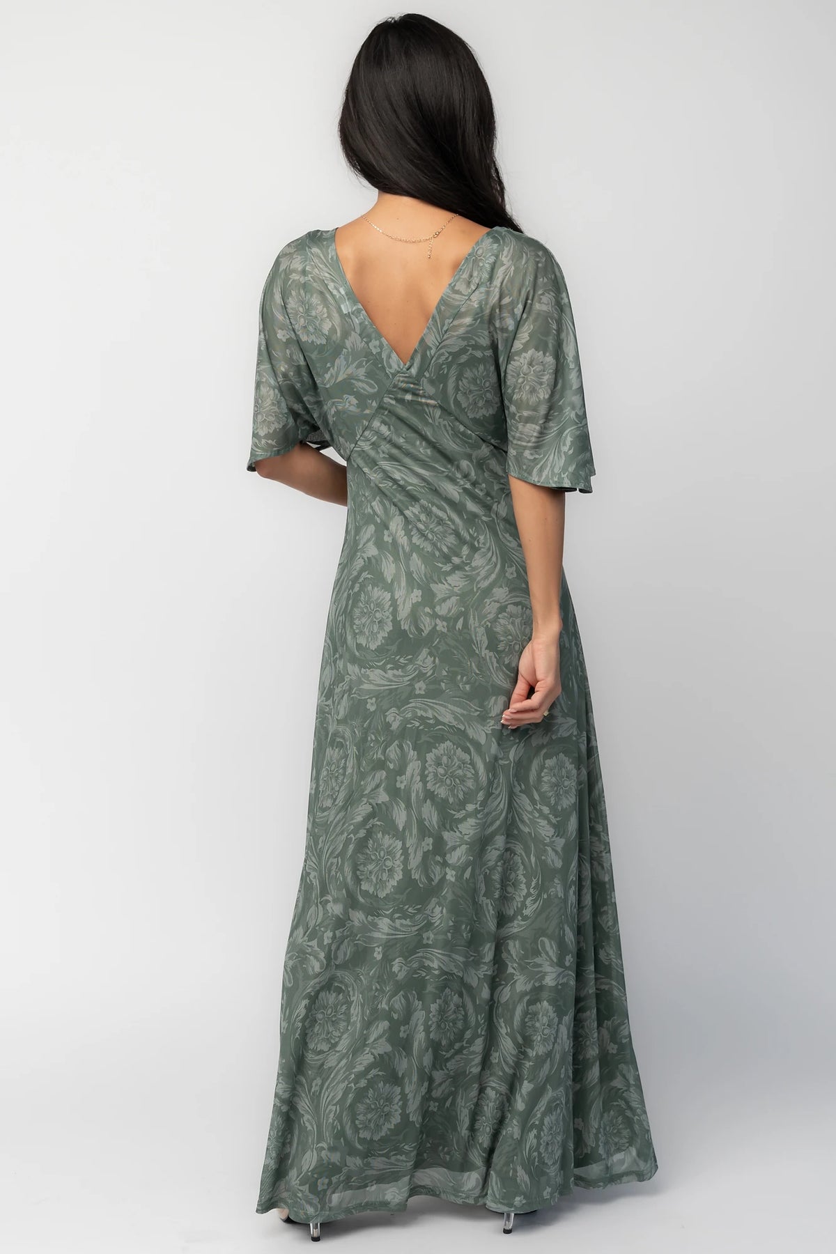 Dark sage mesh maxi dress with a floral mesh overlay, V-neckline, short dolman sleeves, empire waist, and removable ribbed tank slip.