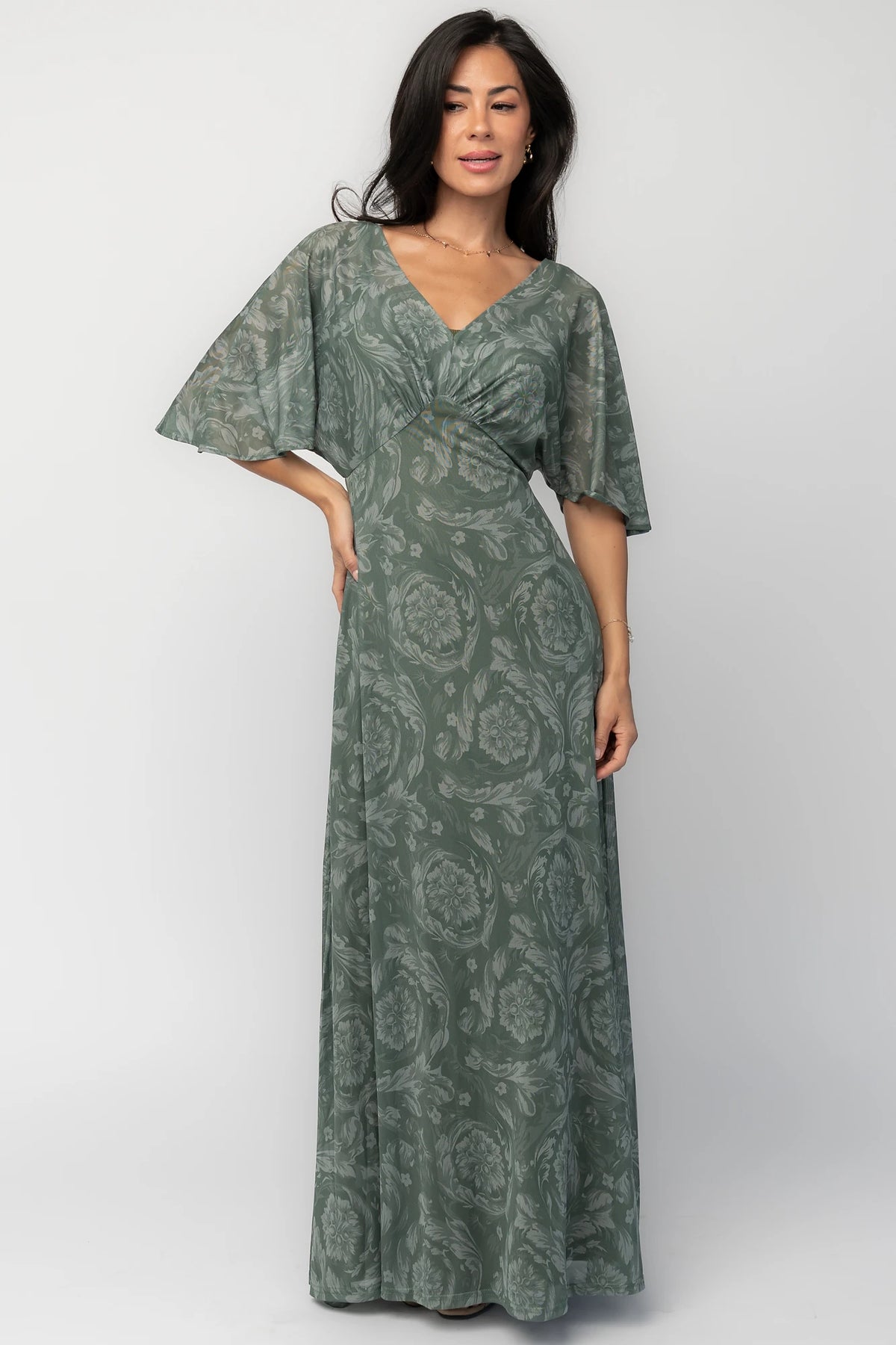 Dark sage mesh maxi dress with a floral mesh overlay, V-neckline, short dolman sleeves, empire waist, and removable ribbed tank slip.