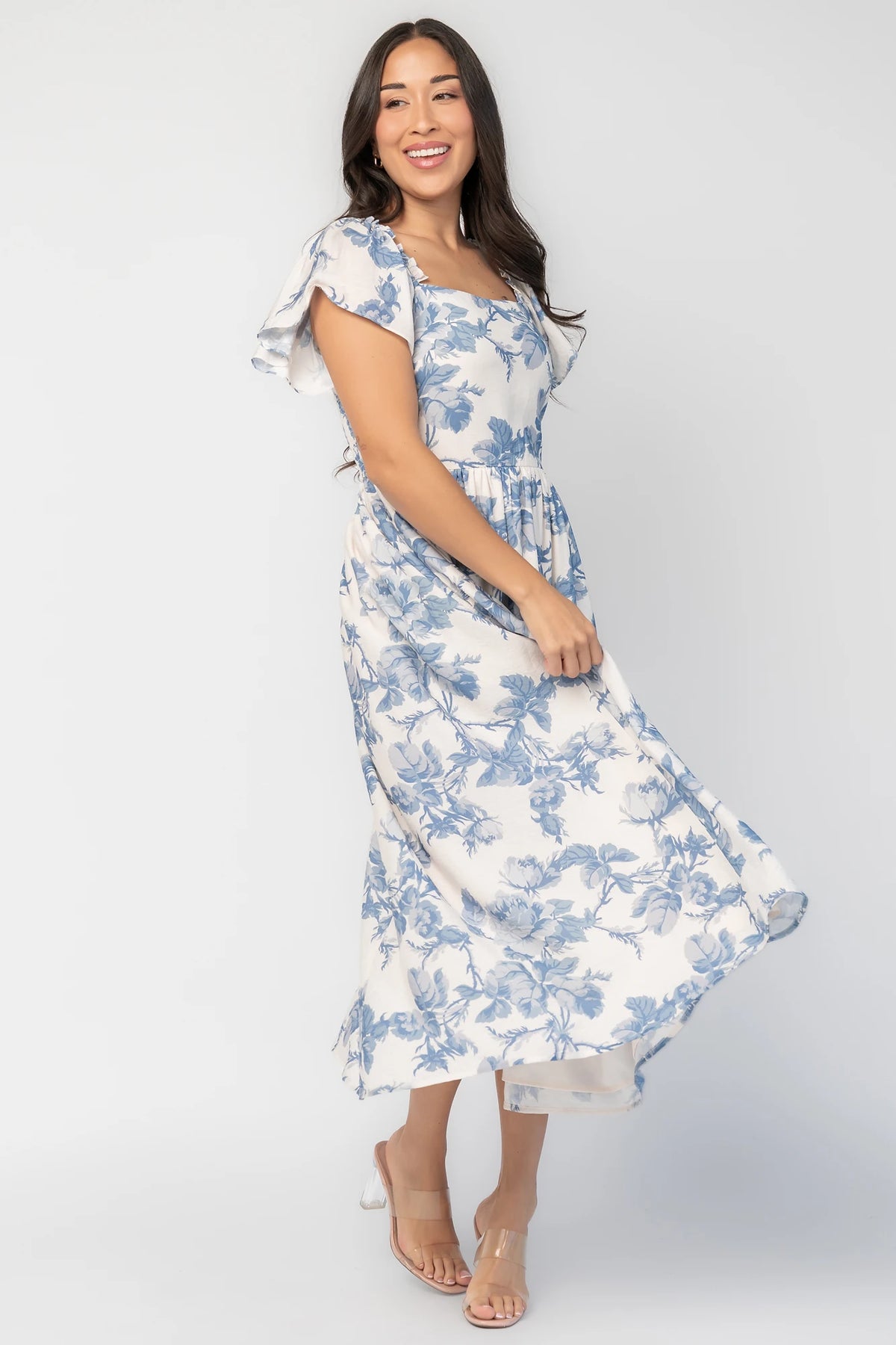 Darlene Dress | Ivory + Blue Floral