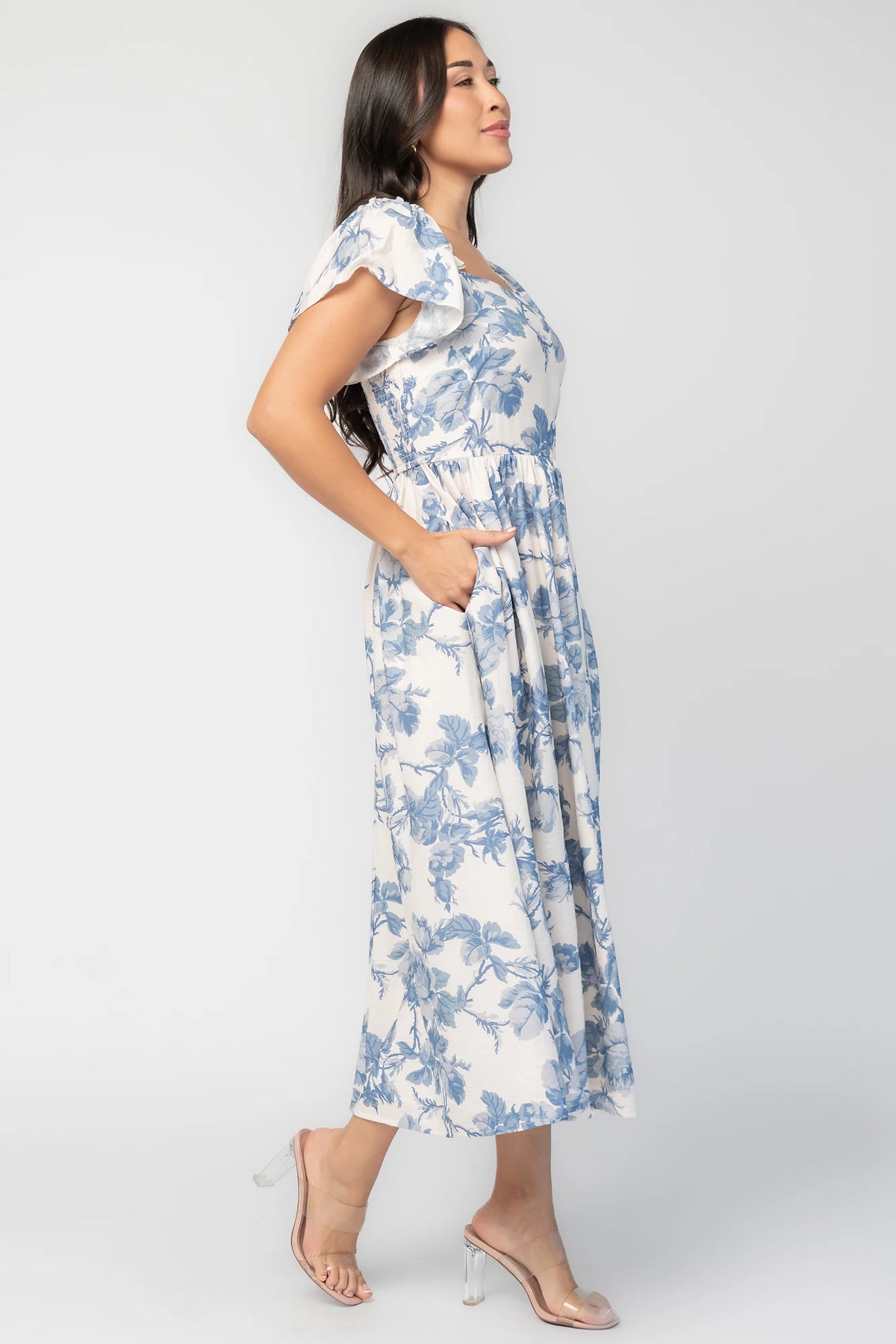 Darlene Dress | Ivory + Blue Floral
