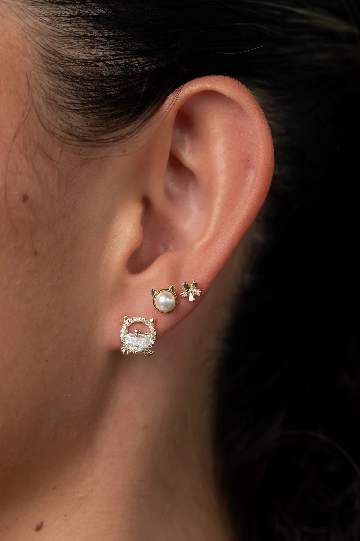 Cherish Stud Earring Set with three pairs of 14K gold-dipped studs featuring classic pearl accents.