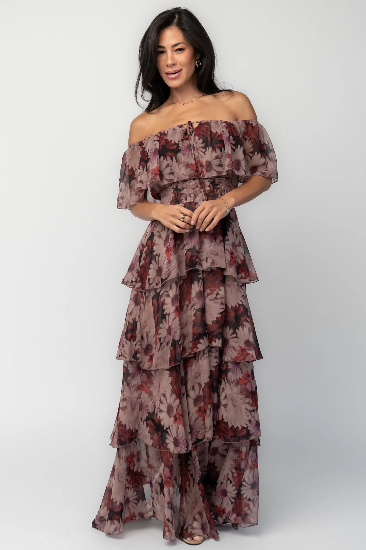 Carina Off-Shoulder Maxi Dress in Multi Floral with ruffle neckline, smocked waist, and four-tiered chiffon skirt.