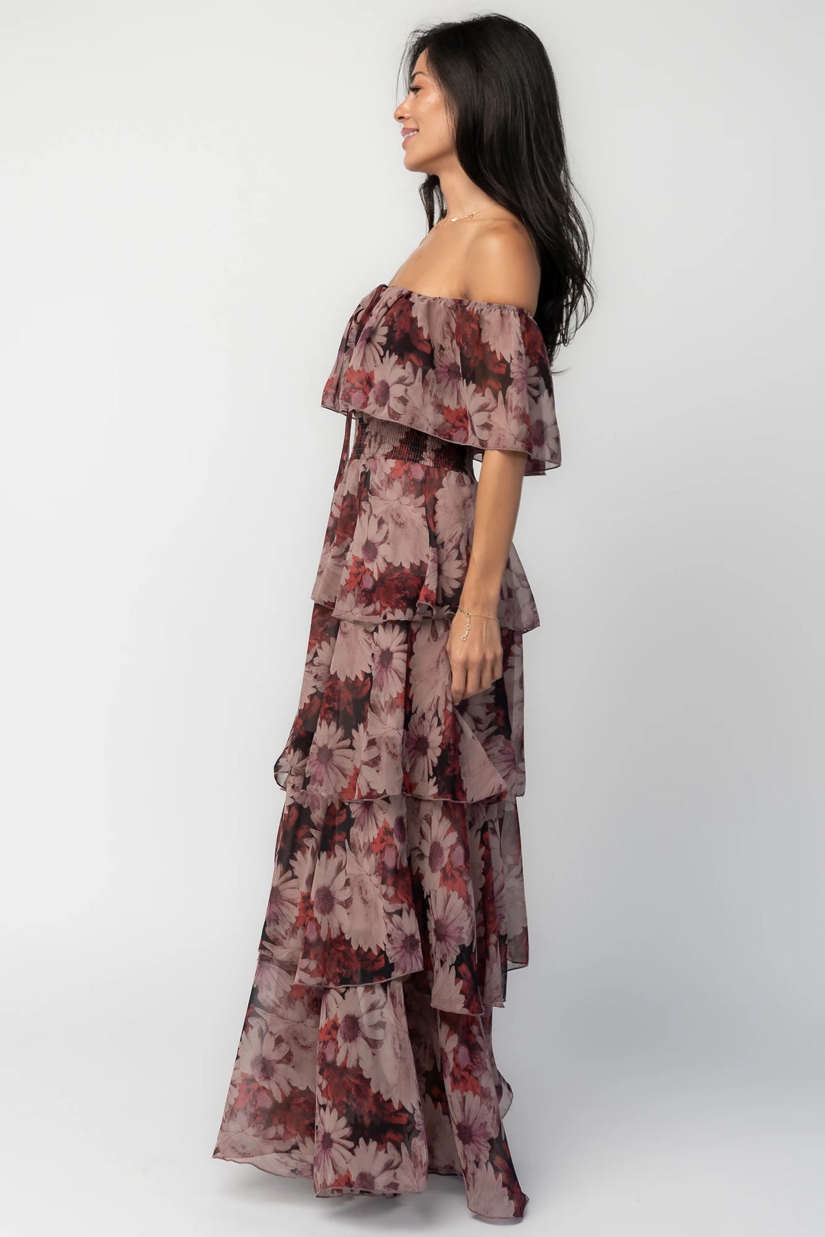 Carina Off-Shoulder Maxi Dress in Multi Floral with ruffle neckline, smocked waist, and four-tiered chiffon skirt.