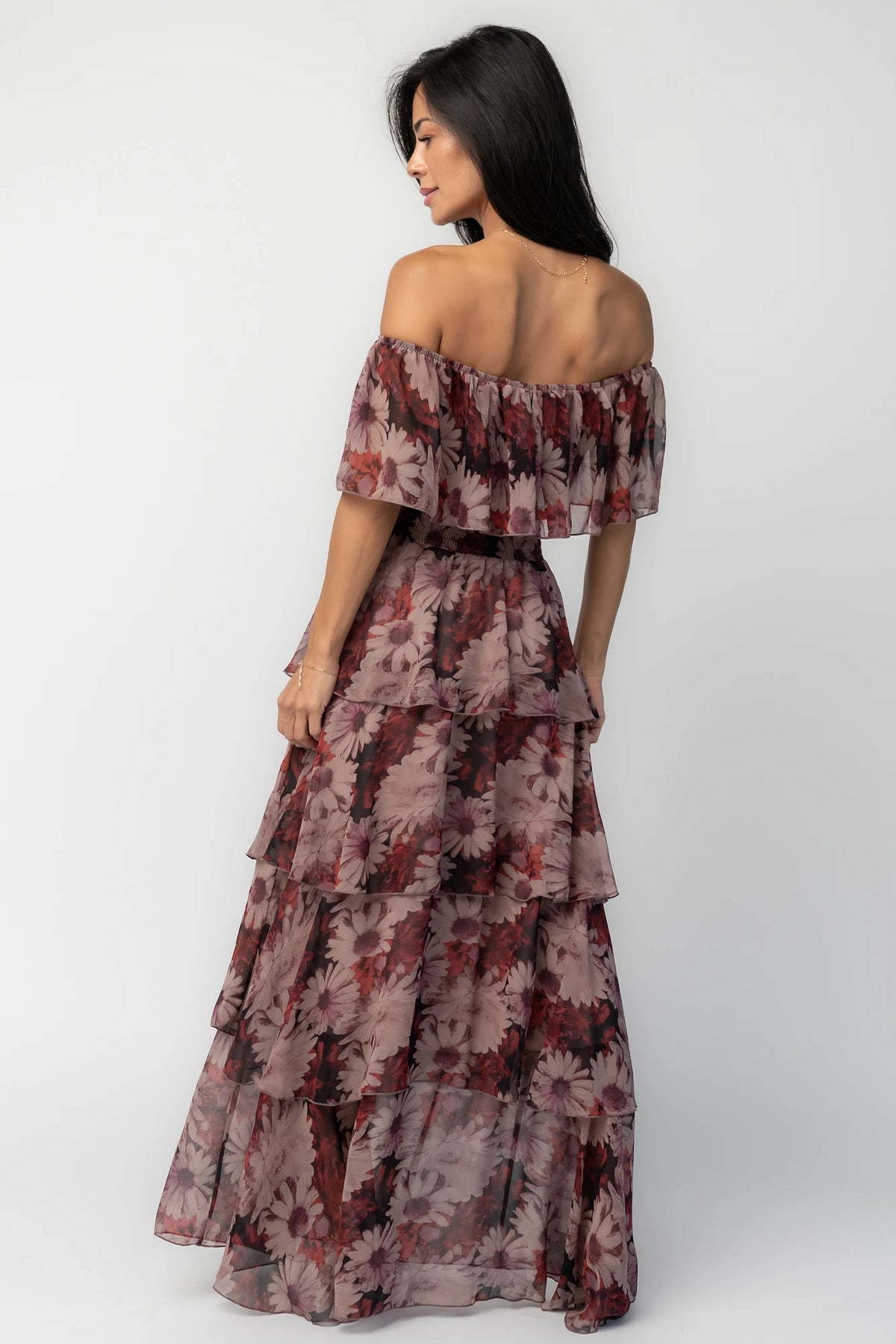 Carina Off-Shoulder Maxi Dress in Multi Floral with ruffle neckline, smocked waist, and four-tiered chiffon skirt.