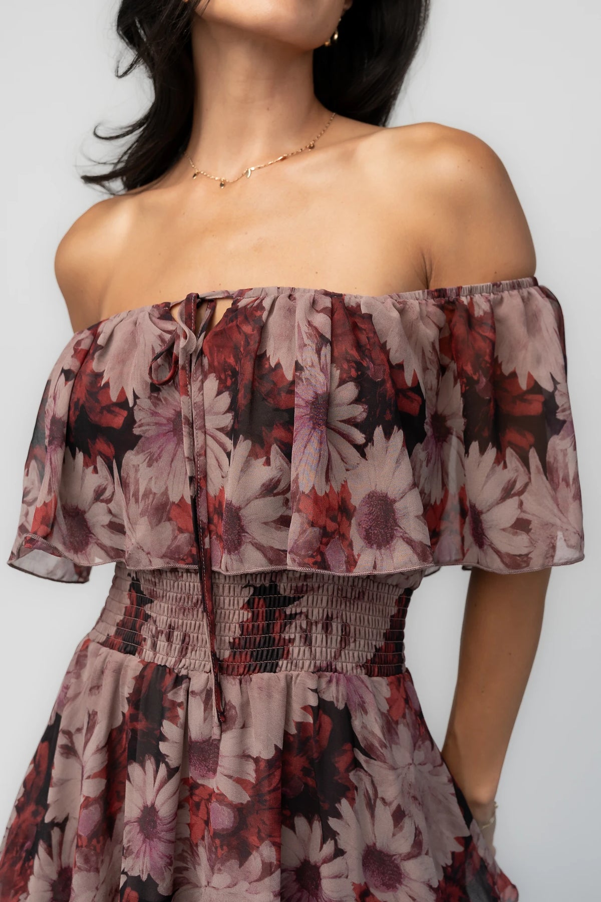 Carina Off-Shoulder Maxi Dress in Multi Floral with ruffle neckline, smocked waist, and four-tiered chiffon skirt.