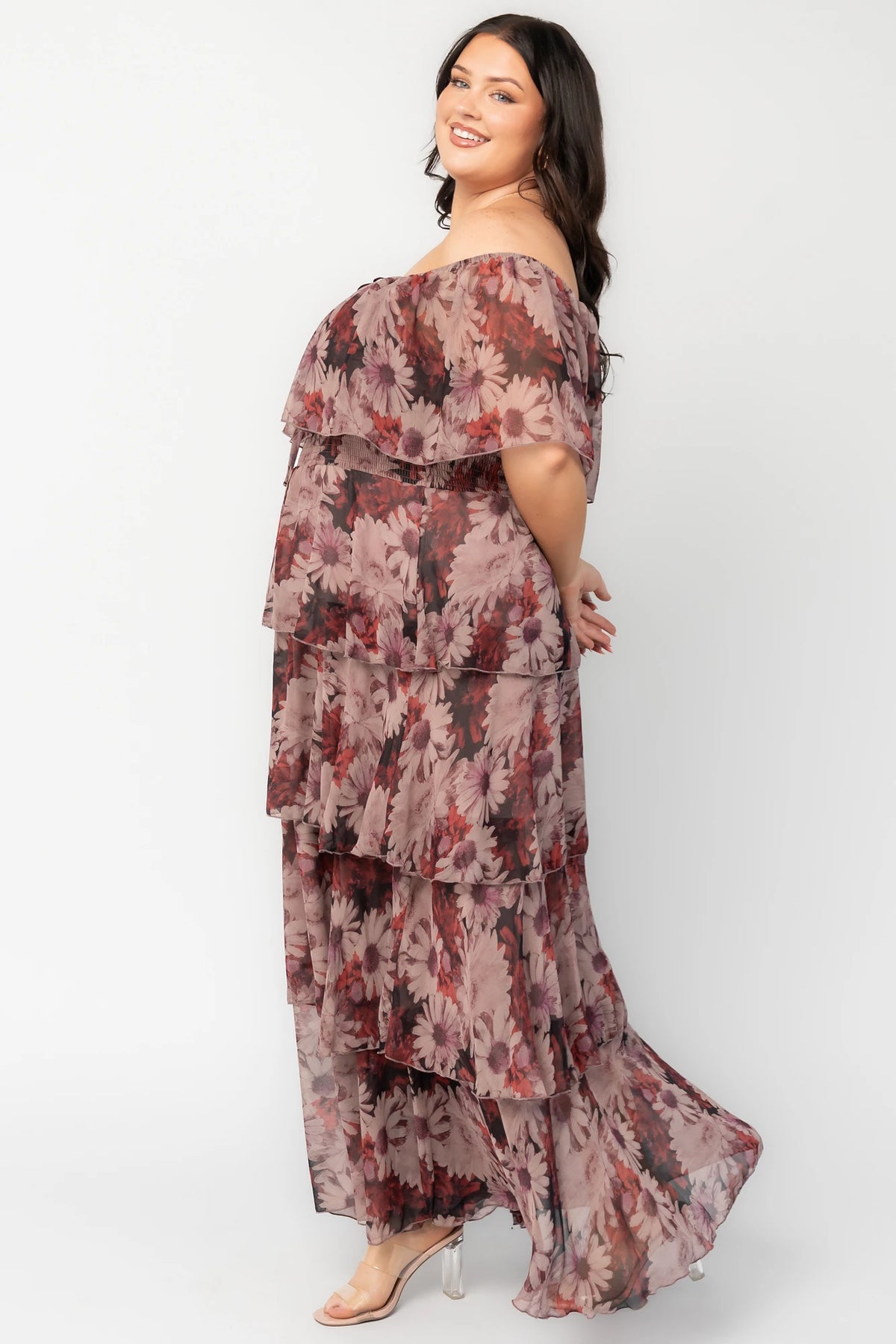 Carina Off-Shoulder Maxi Dress in Multi Floral with ruffle neckline, smocked waist, and four-tiered chiffon skirt.