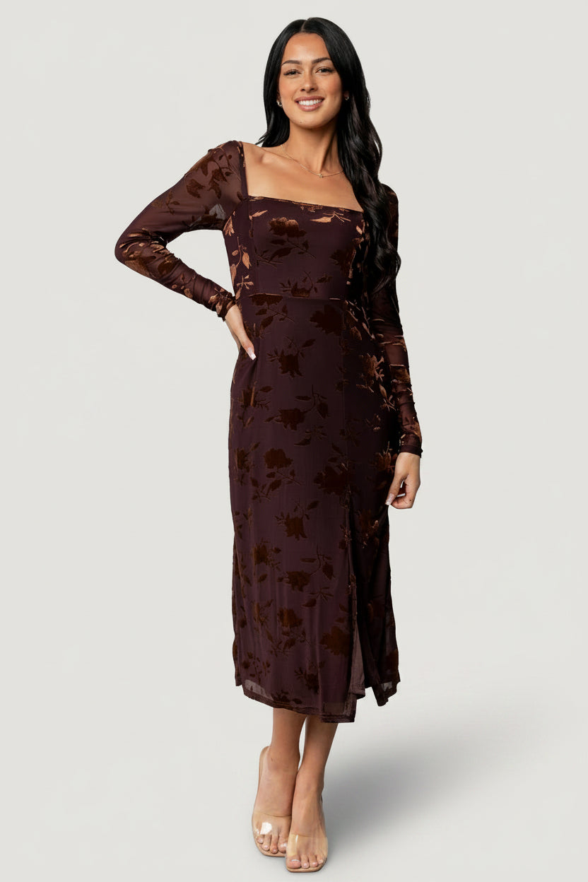 Three-quarter side view: Tamara Midi Dress showing fitted bodice, left leg slit, and flowing midi skirt in deep plum.