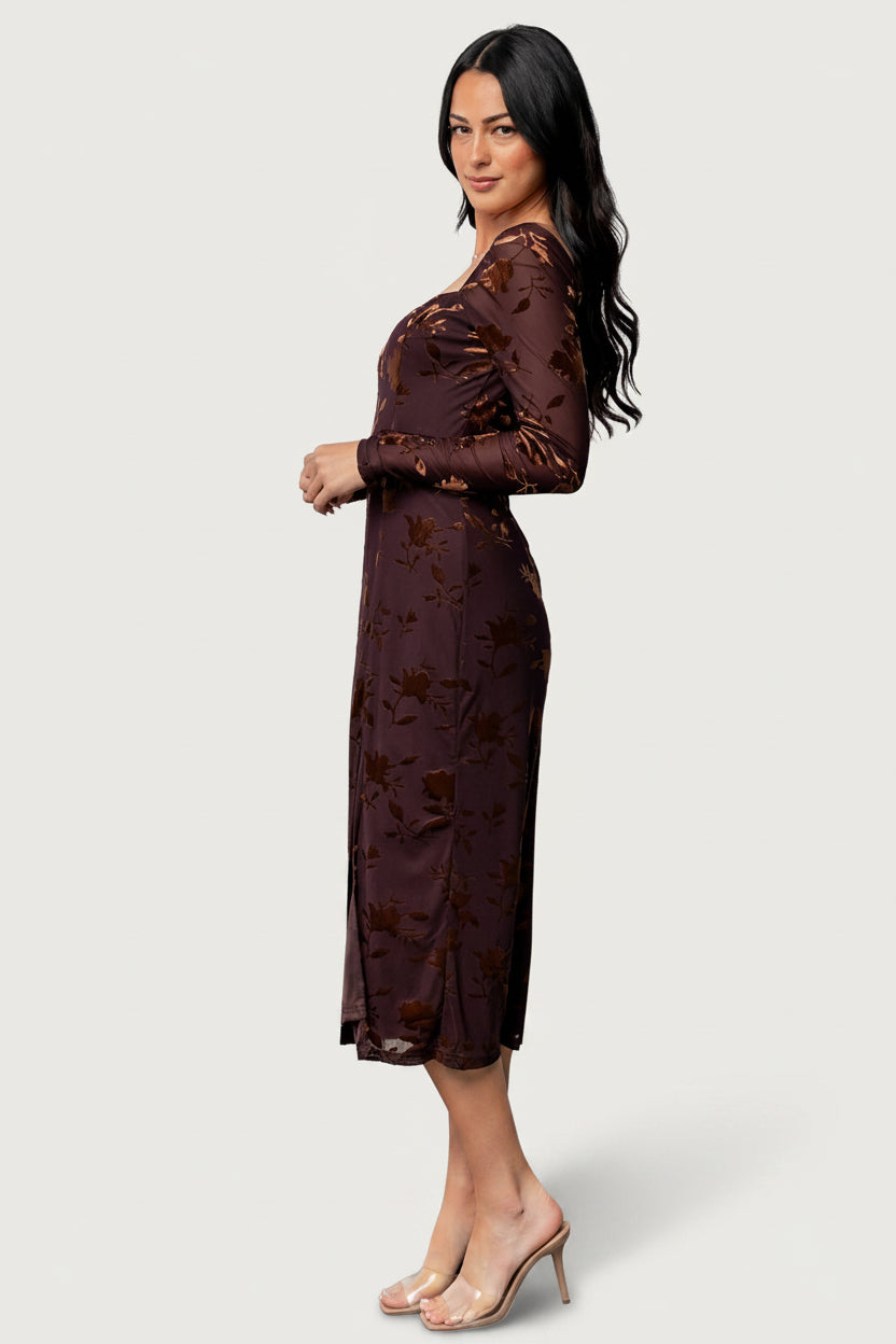 Styled look: Tamara Midi Dress in deep plum with dark bronze florals paired with strappy heels for evening wear.
