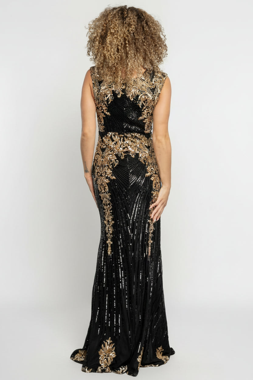Back view of Azura gown showing fully lined interior and hidden center-back zipper with sequin detail continuing onto the skirt.
