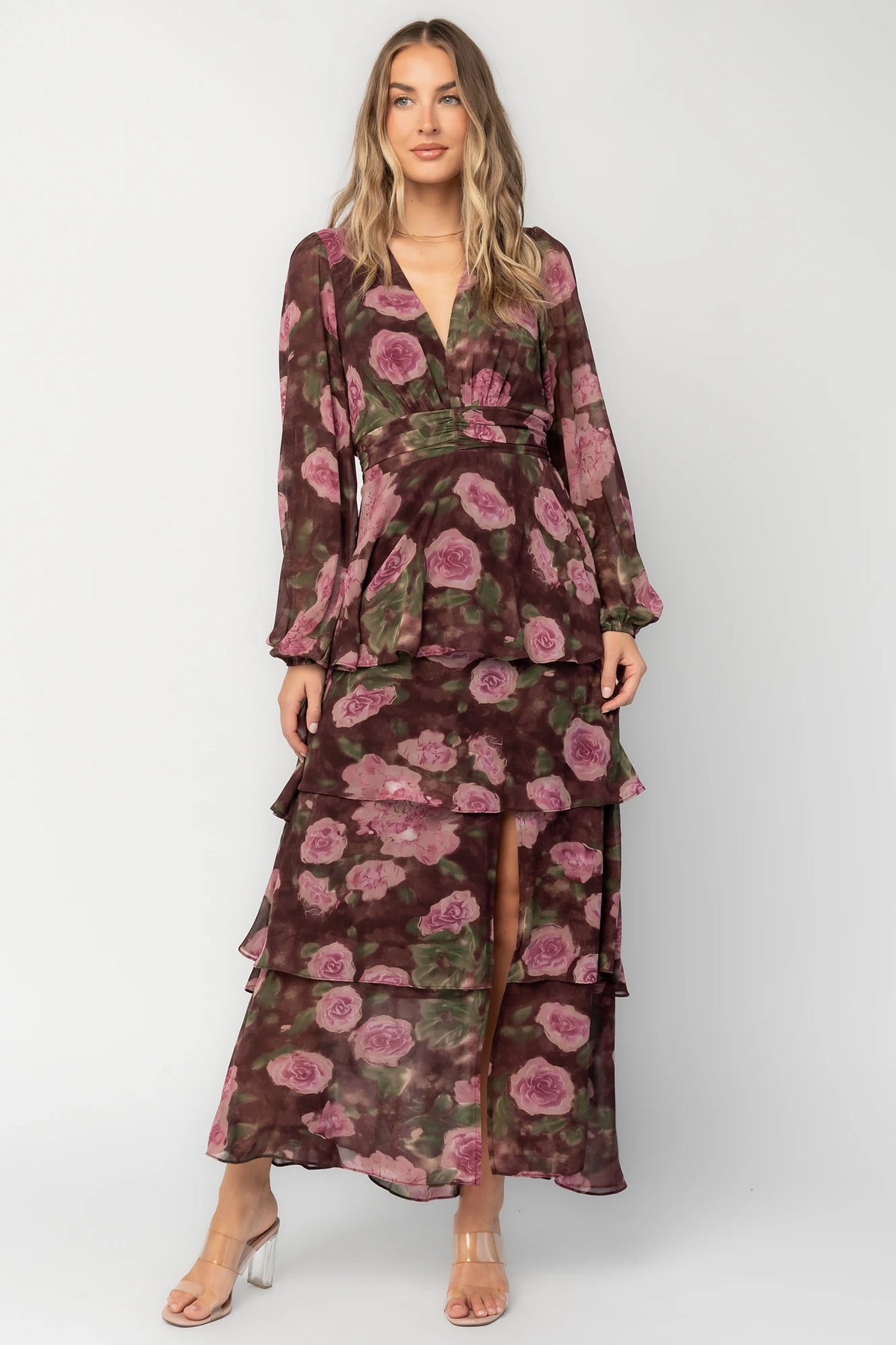 Mariella Tiered Maxi Dress in Deep Plum Floral with V-neckline, long puff sleeves, smocked back, and cascading ruffles.