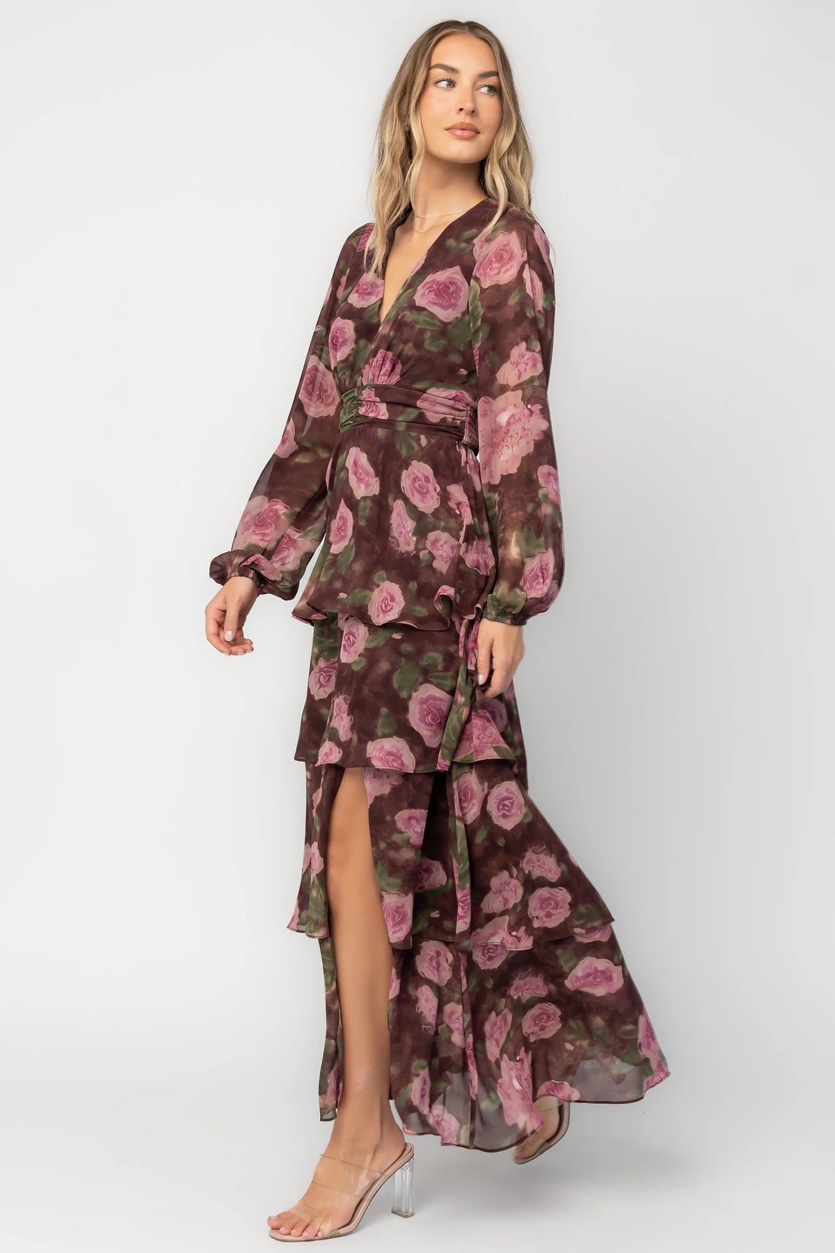 Mariella Tiered Maxi Dress in Deep Plum Floral with V-neckline, long puff sleeves, smocked back, and cascading ruffles.