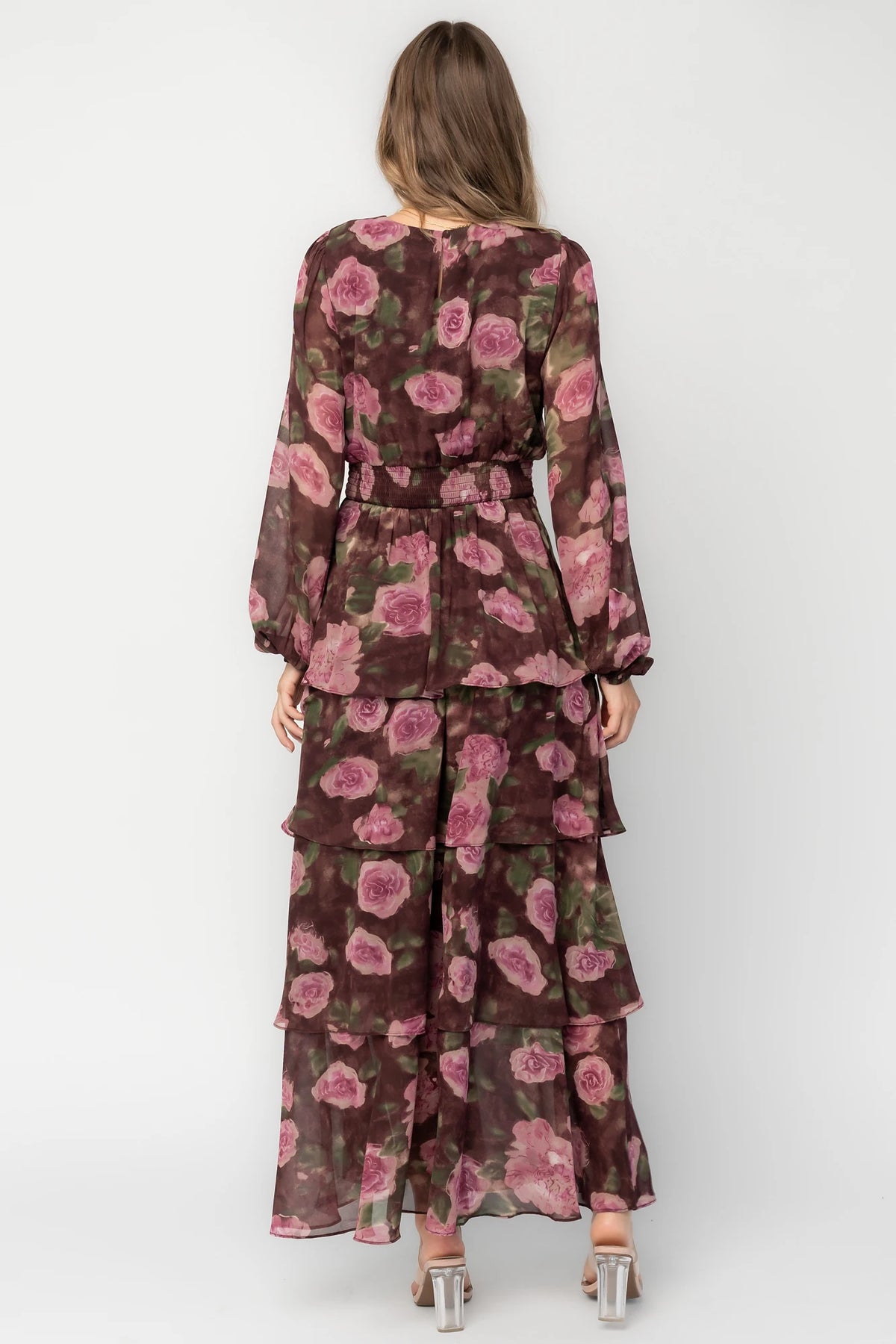 Mariella Tiered Maxi Dress in Deep Plum Floral with V-neckline, long puff sleeves, smocked back, and cascading ruffles.