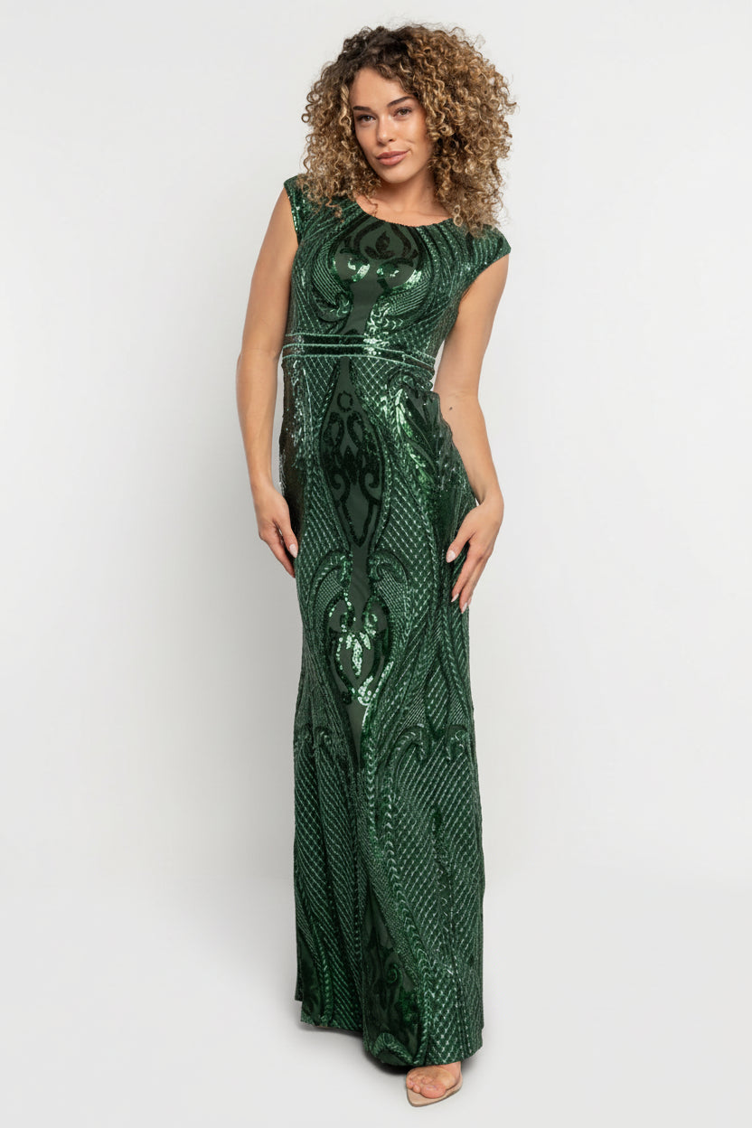Front view of Alessia green sequin mermaid gown showing high round neckline, cap sleeves and embroidered sequin pattern; fully lined for a smooth silhouette.