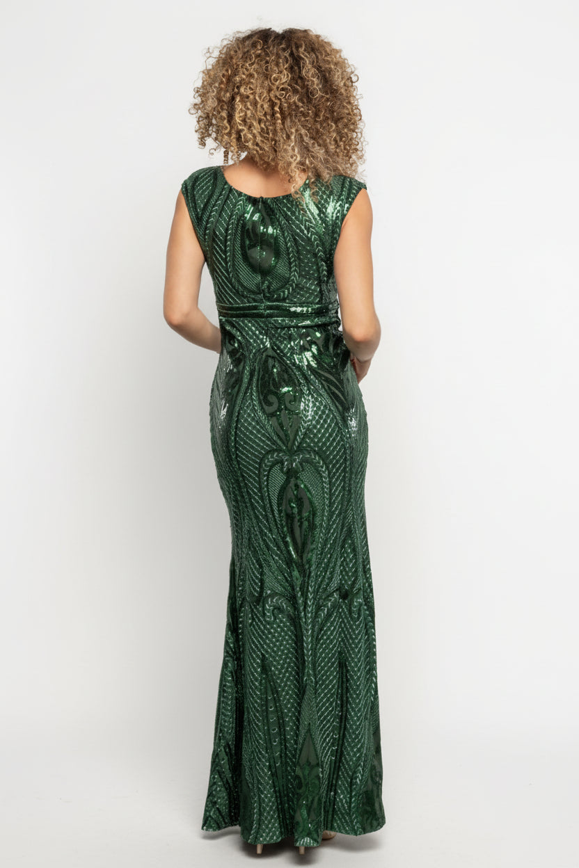 Detail shot of neckline and shoulder area on Alessia gown, showcasing the high round neckline, cap sleeve finish, and sequin embroidery.