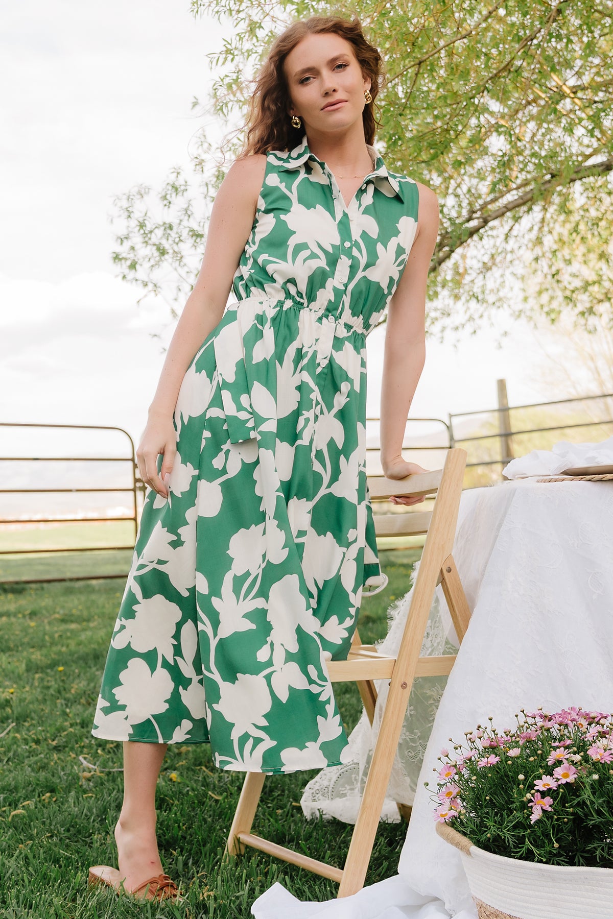 Tatum Button Down Dress | Green + Off White