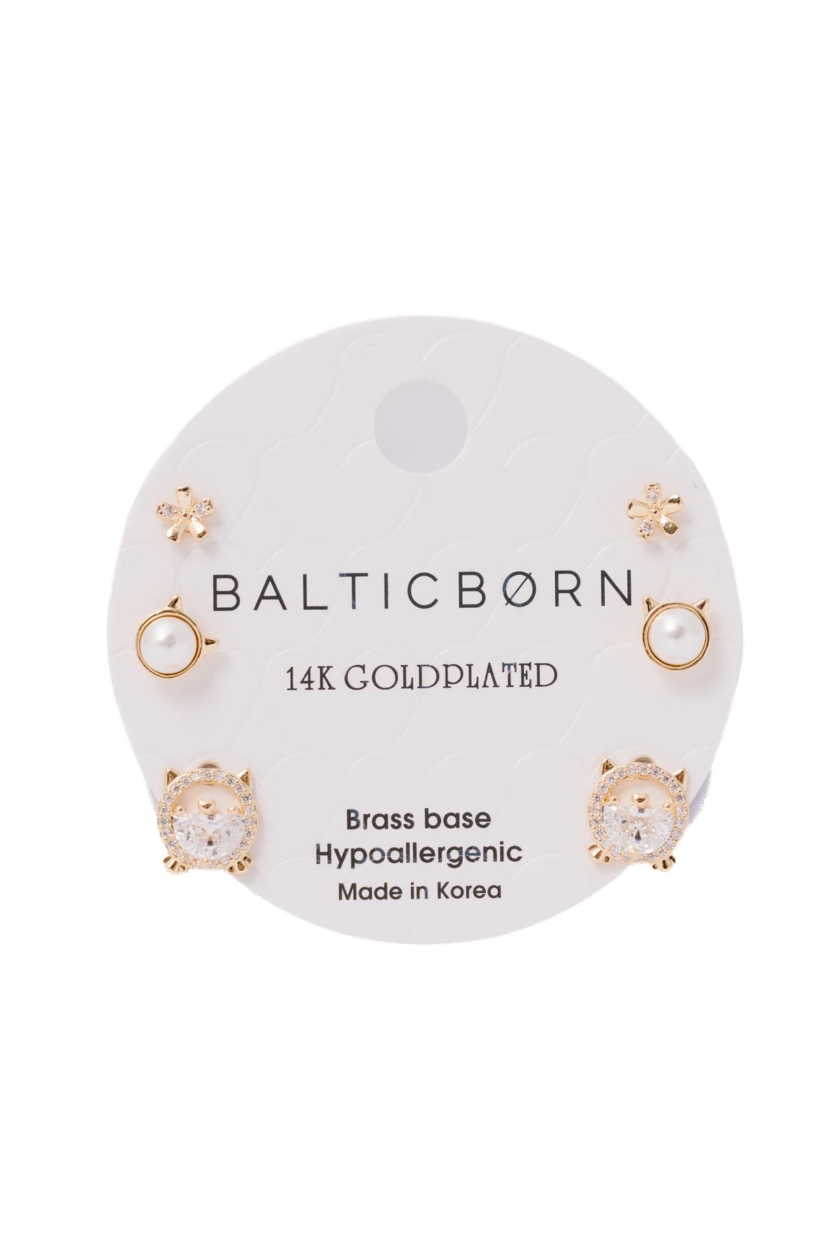 Cherish Stud Earring Set with three pairs of 14K gold-dipped studs featuring classic pearl accents.