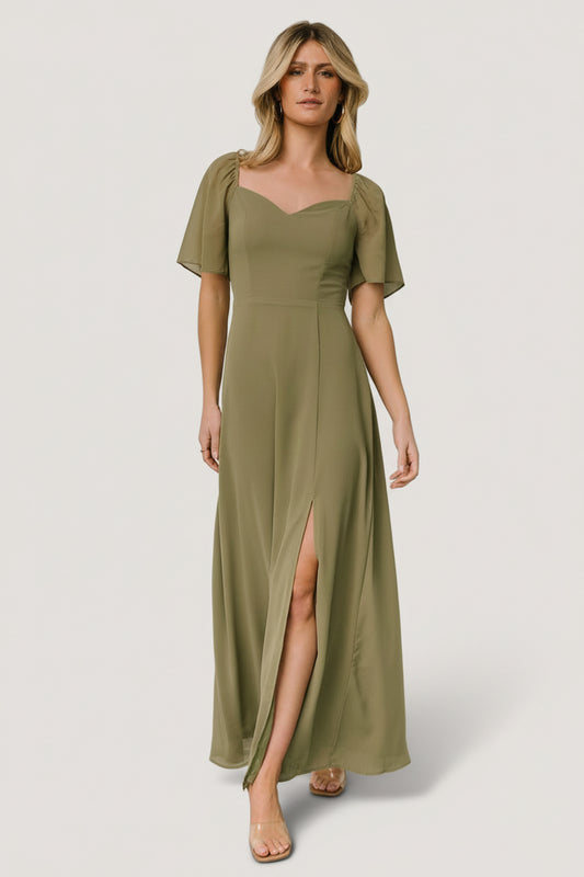 Front view of Sierra Sweetheart Maxi Dress in dusty olive, showing sweetheart neckline, smocked back and a side slit.