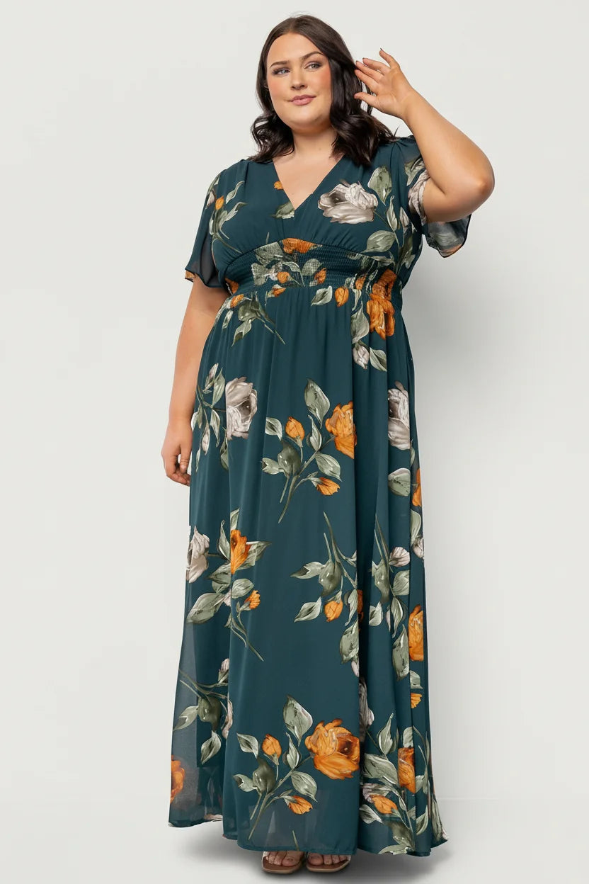Three-quarter view of Birdie Maxi Dress highlighting flutter sleeves, flowing chiffon skirt, and full lining silhouette.