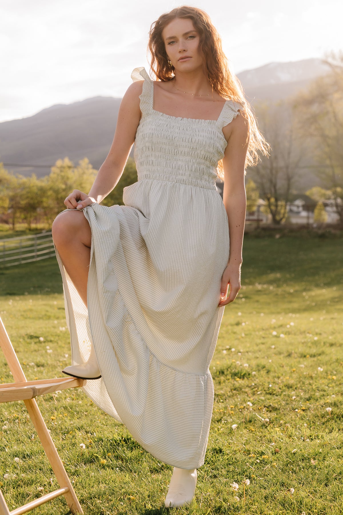 Jenny Smocked Maxi Dress | Sage + White